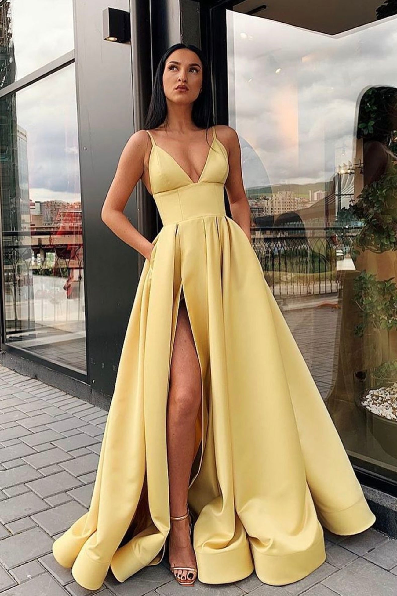 gold prom dress under 200 Shop 2020 Champagne Long Shiny A Line Floor Length Prom Dress with Slit Under 200