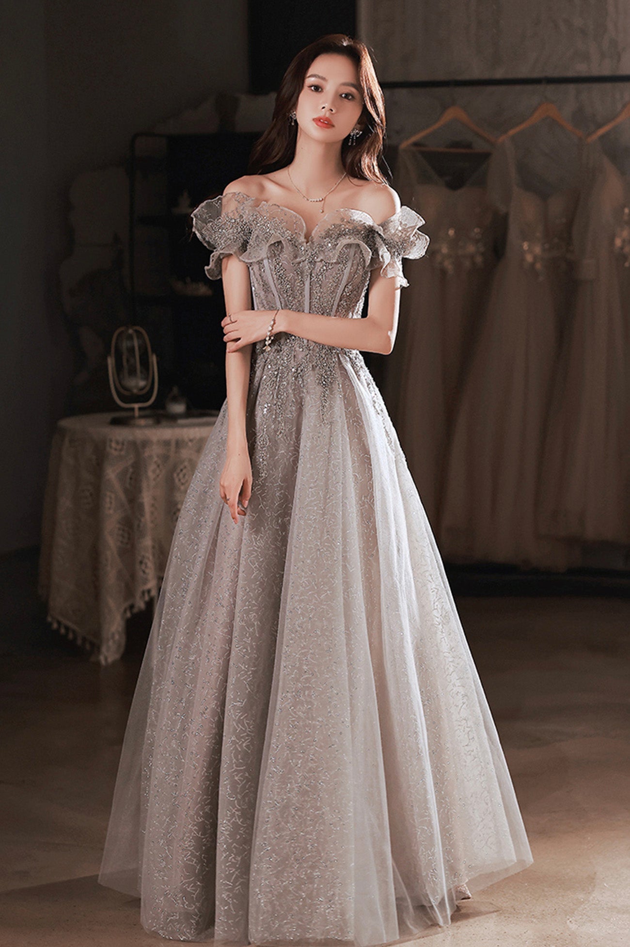 Gray Tulle Sequins Long Prom Dresses, A-Line Off the Shoulder Evening ...