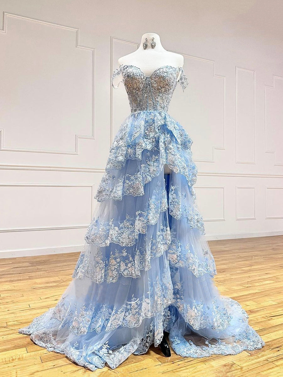 Blue Tulle Sequins Long Prom Dress, Beautiful Off Shoulder Evening Dre ...