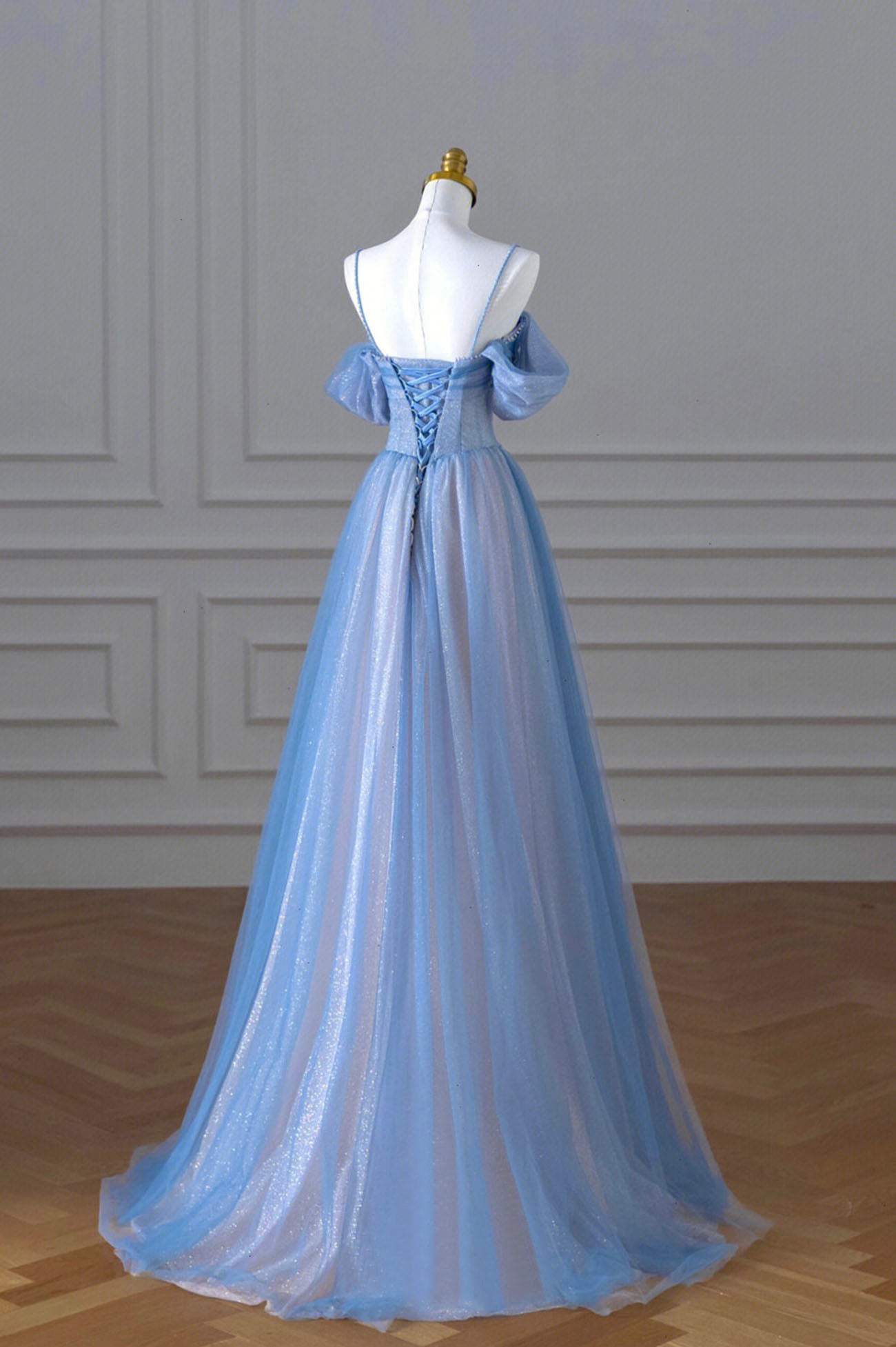 Blue Spaghetti Strap Tulle Floor Length Prom Dress, A-Line Evening Dress US 2 / Custom Color Blue Spaghetti Strap Tulle Floor Length Prom Dress, A-Line Evening Dress US 2 / Custom Color