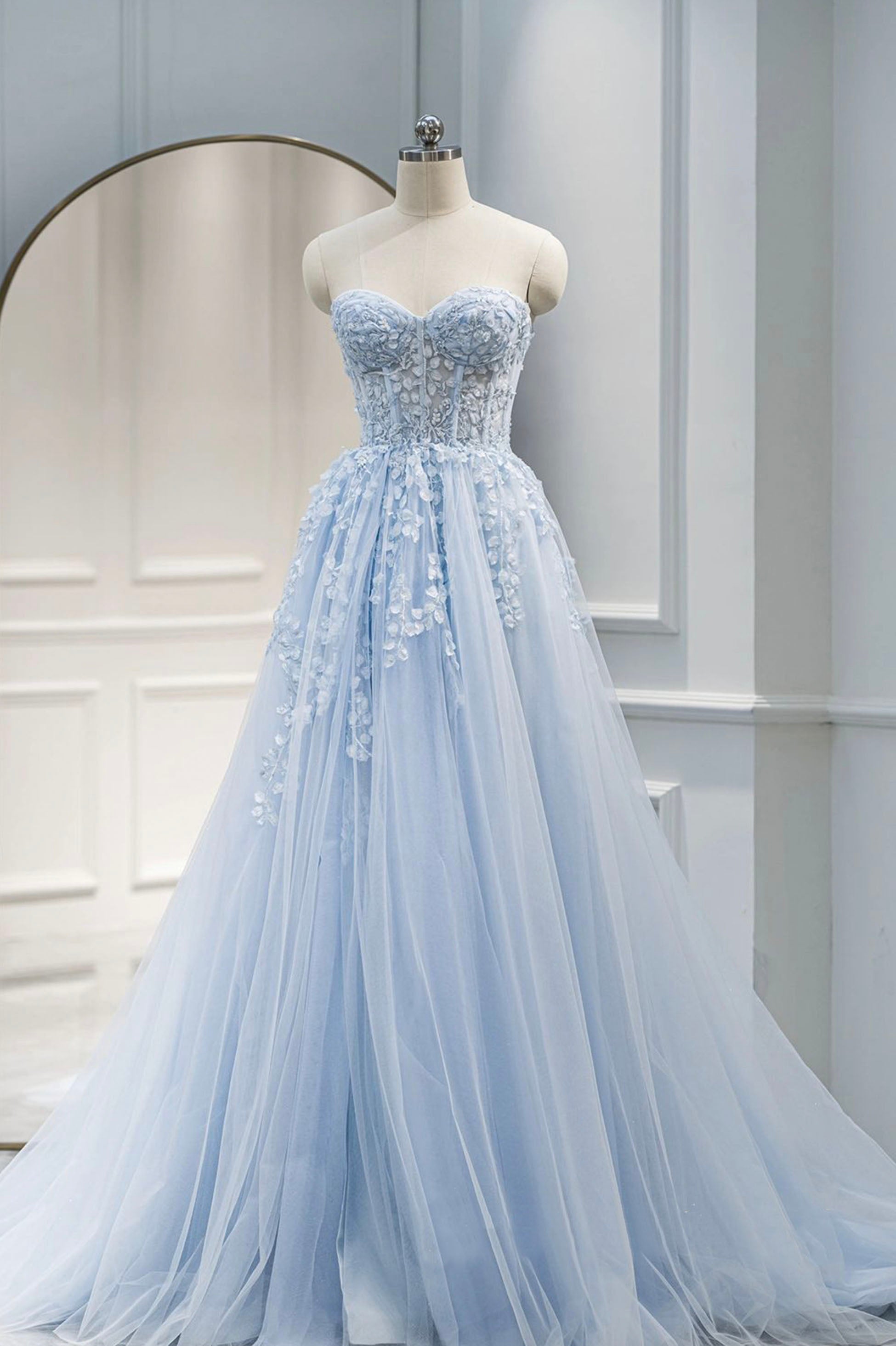 Blue Sweetheart Neck Lace Floor Length Prom Dress, Lovely Blue Evening Loveydress Blue Sweetheart Neck Lace Floor Length Prom Dress, Lovely Blue Evening Loveydress
