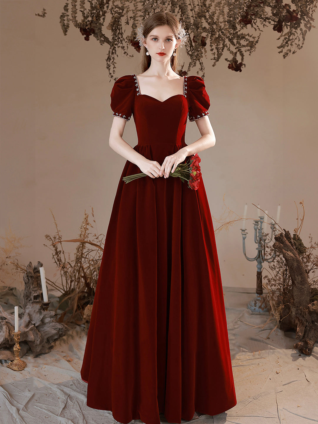 Burgundy Velvet Floor Length Prom Dress, Burgundy Short Sleeve Formal Dress US 16 / Custom Color Burgundy Velvet Floor Length Prom Dress, Burgundy Short Sleeve Formal Dress US 16 / Custom Color