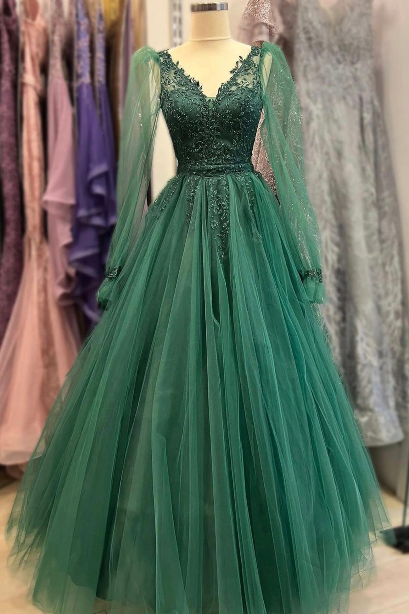 Green V-Neck Tulle Long Prom Dresses, A-Line Long Sleeve Evening Dresses US 16 / Custom Color Green V-Neck Tulle Long Prom Dresses, A-Line Long Sleeve Evening Dresses US 16 / Custom Color