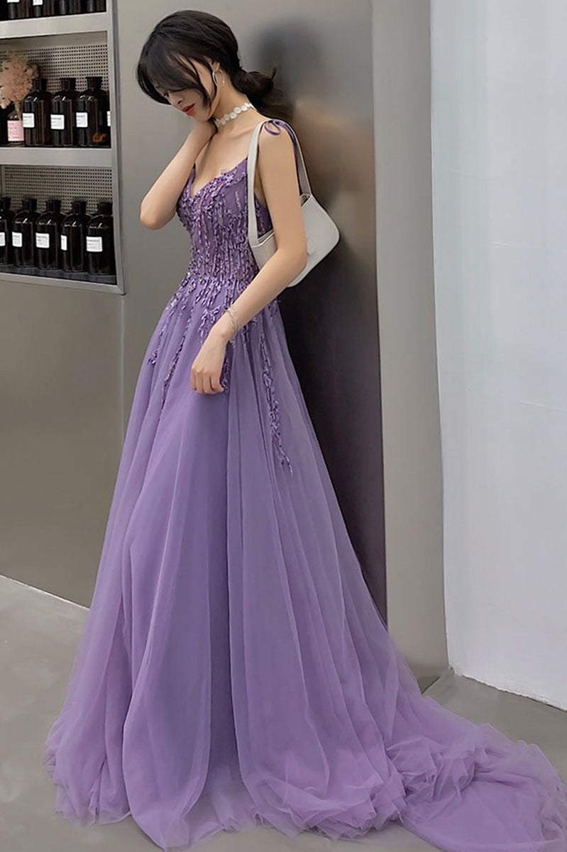 Purple Lace Long Prom Dresses, A-Line Purple Evening Graduation Dresse ...