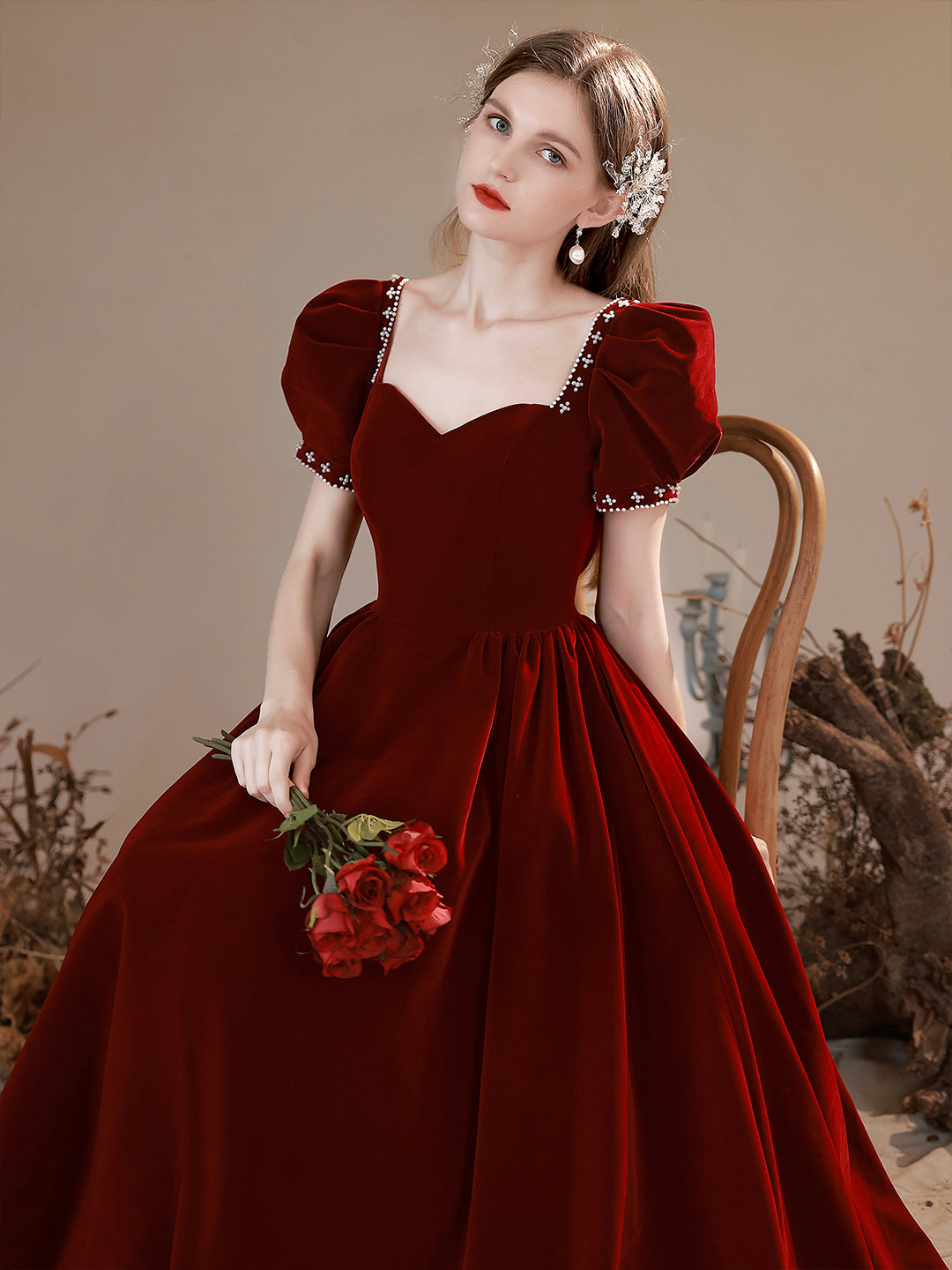 Burgundy Velvet Floor Length Prom Dress, Burgundy Short Sleeve Formal Dress US 16 / Custom Color Burgundy Velvet Floor Length Prom Dress, Burgundy Short Sleeve Formal Dress US 16 / Custom Color