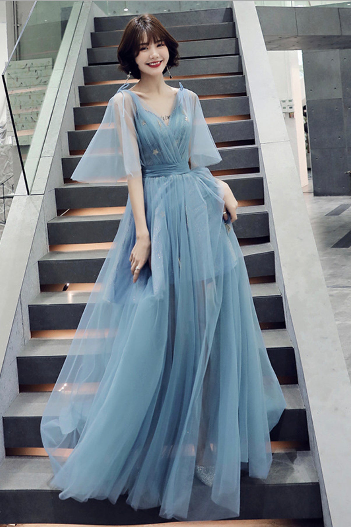 Blue V-Neck Tulle Long Prom Dreses, A-Line Evening Dresses US 16 / Blue Blue V-Neck Tulle Long Prom Dreses, A-Line Evening Dresses US 16 / Blue