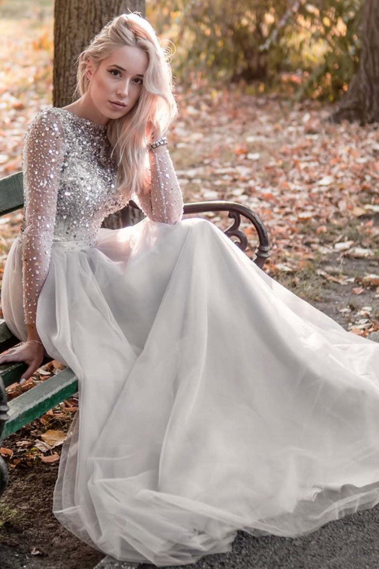 Grey Tulle Beading Long Sleeve Prom Dresses, A-Line Evening Dresses Custom Size / Grey Grey Tulle Beading Long Sleeve Prom Dresses, A-Line Evening Dresses Custom Size / Grey