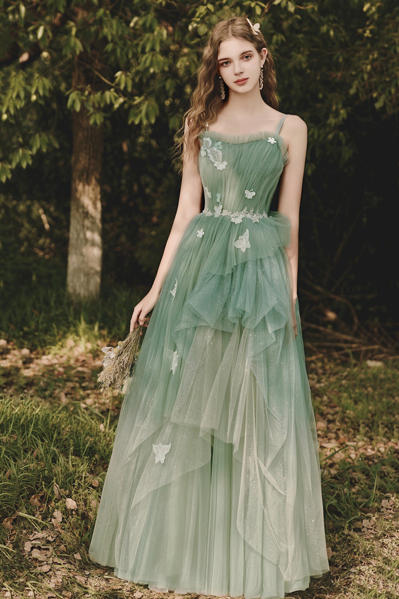 Green Spaghetti Strap Tulle Lace Long Prom Dress, Lovely A-Line Evening Dress US 14 / Green Green Spaghetti Strap Tulle Lace Long Prom Dress, Lovely A-Line Evening Dress US 14 / Green