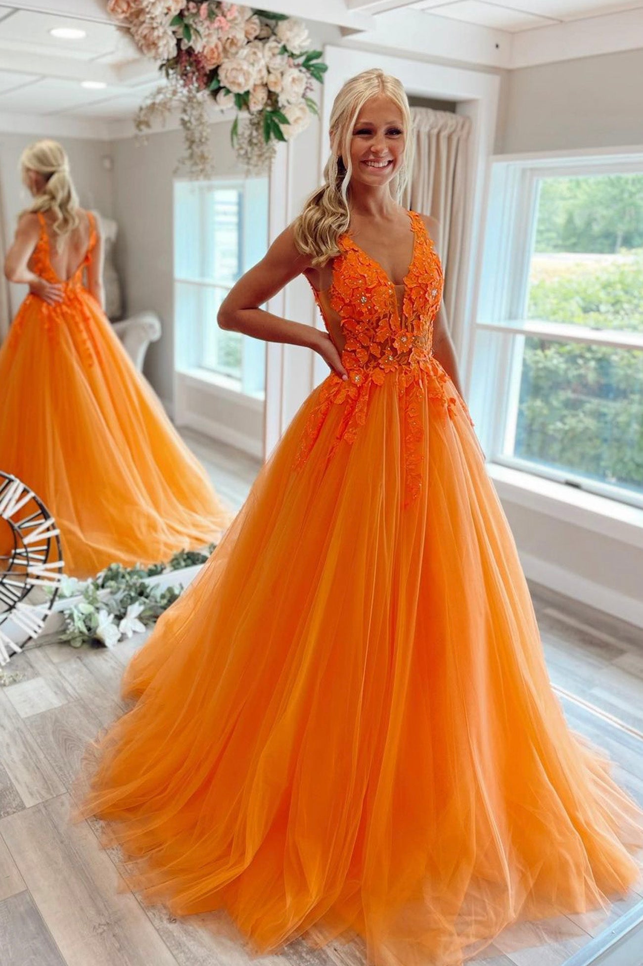 Orange Tulle Lace Long Prom Dresses, V-Neck Evening Dresses Custom Size / Orange Orange Tulle Lace Long Prom Dresses, V-Neck Evening Dresses Custom Size / Orange