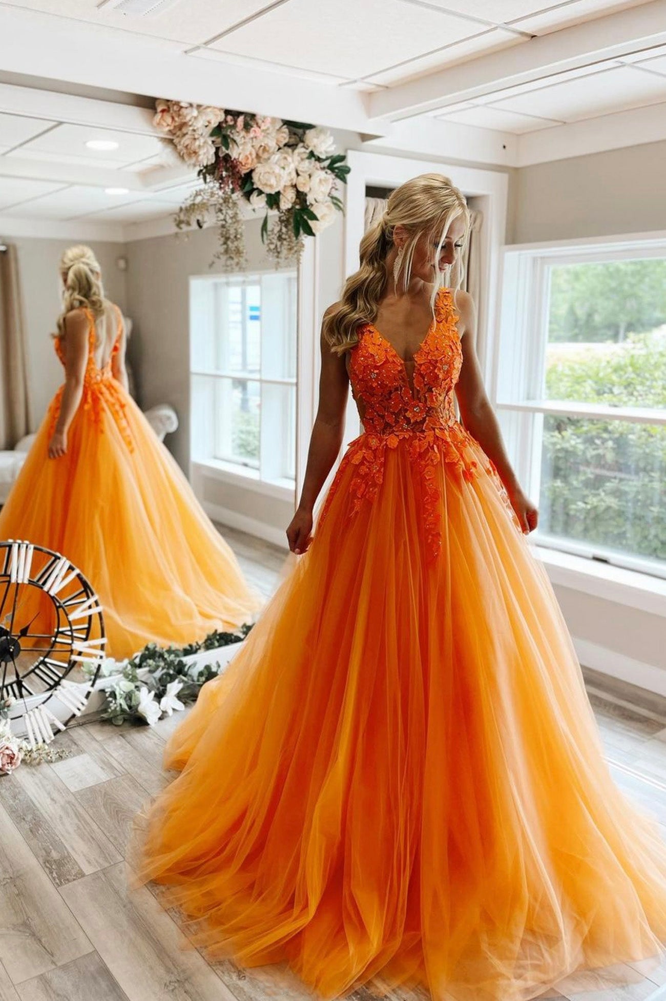 Orange Tulle Lace Long Prom Dresses, V-Neck Evening Dresses Custom Size / Orange Orange Tulle Lace Long Prom Dresses, V-Neck Evening Dresses Custom Size / Orange