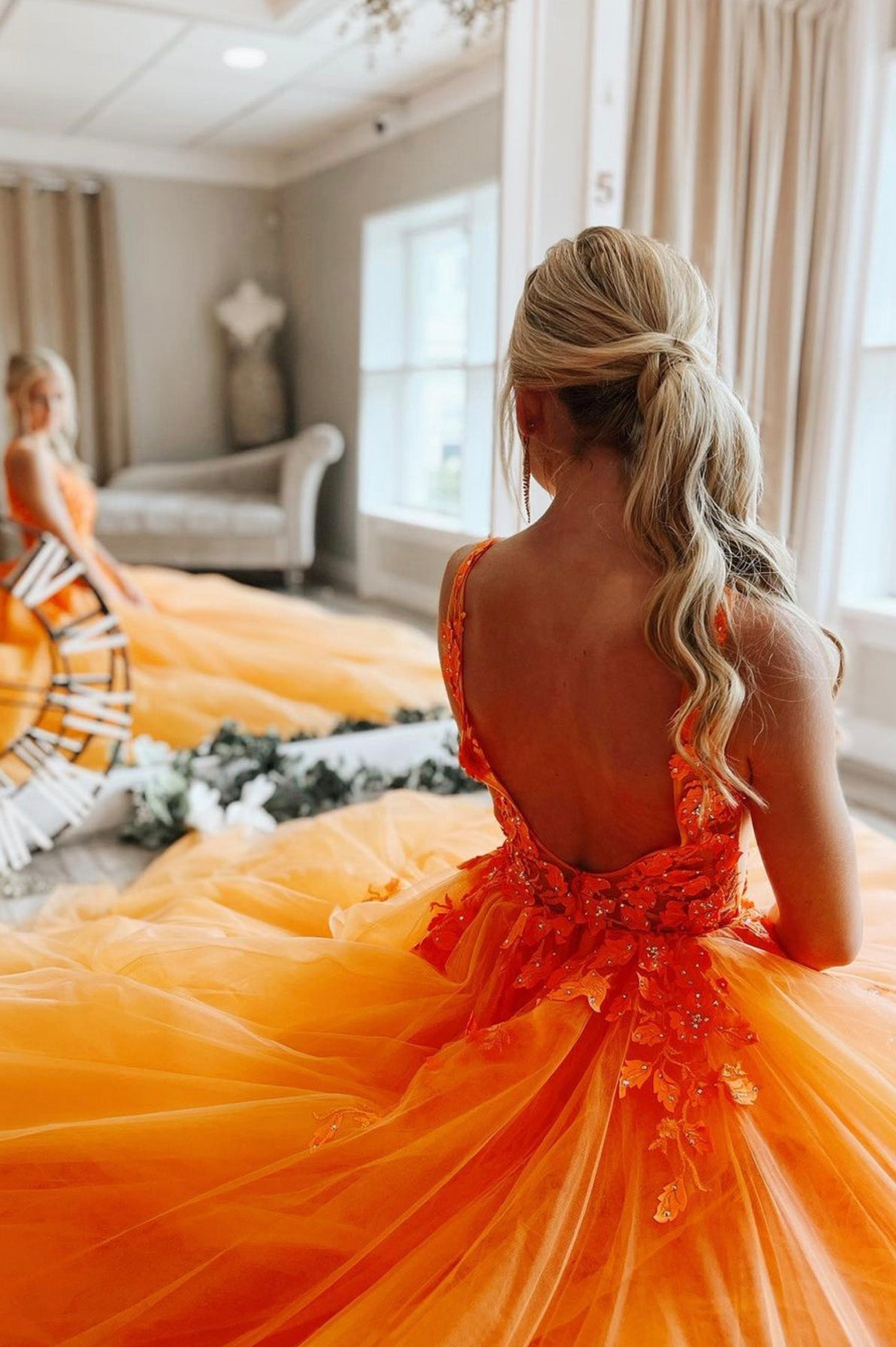orange wedding dresses Orange Tulle Lace Long Prom Dresses, V-Neck Evening Dresses Custom Size / Orange