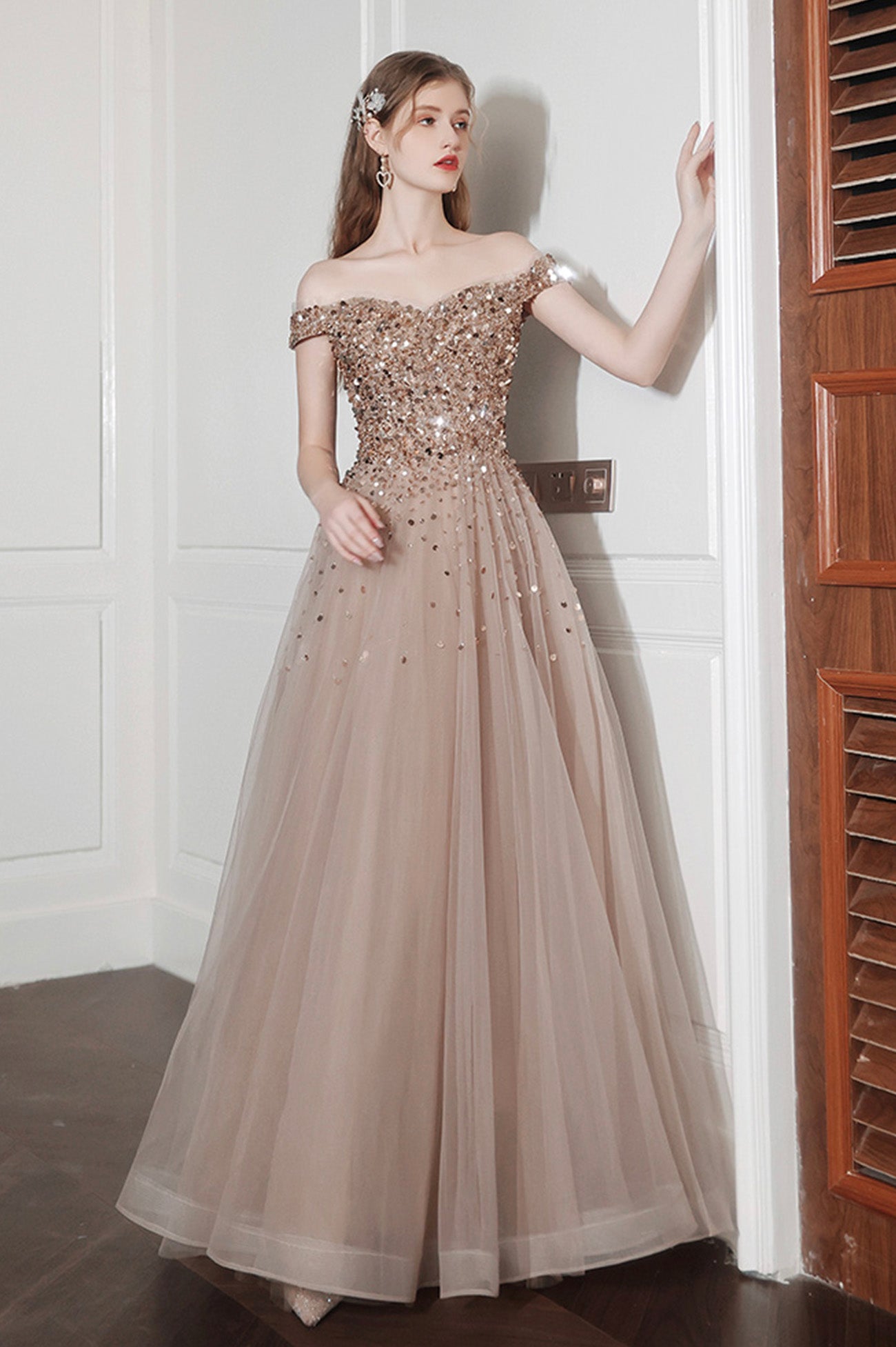Off the Shoulder Beading Long Prom Dresses, A-Line Evening Dresses US 10 / Custom Color Off the Shoulder Beading Long Prom Dresses, A-Line Evening Dresses US 10 / Custom Color