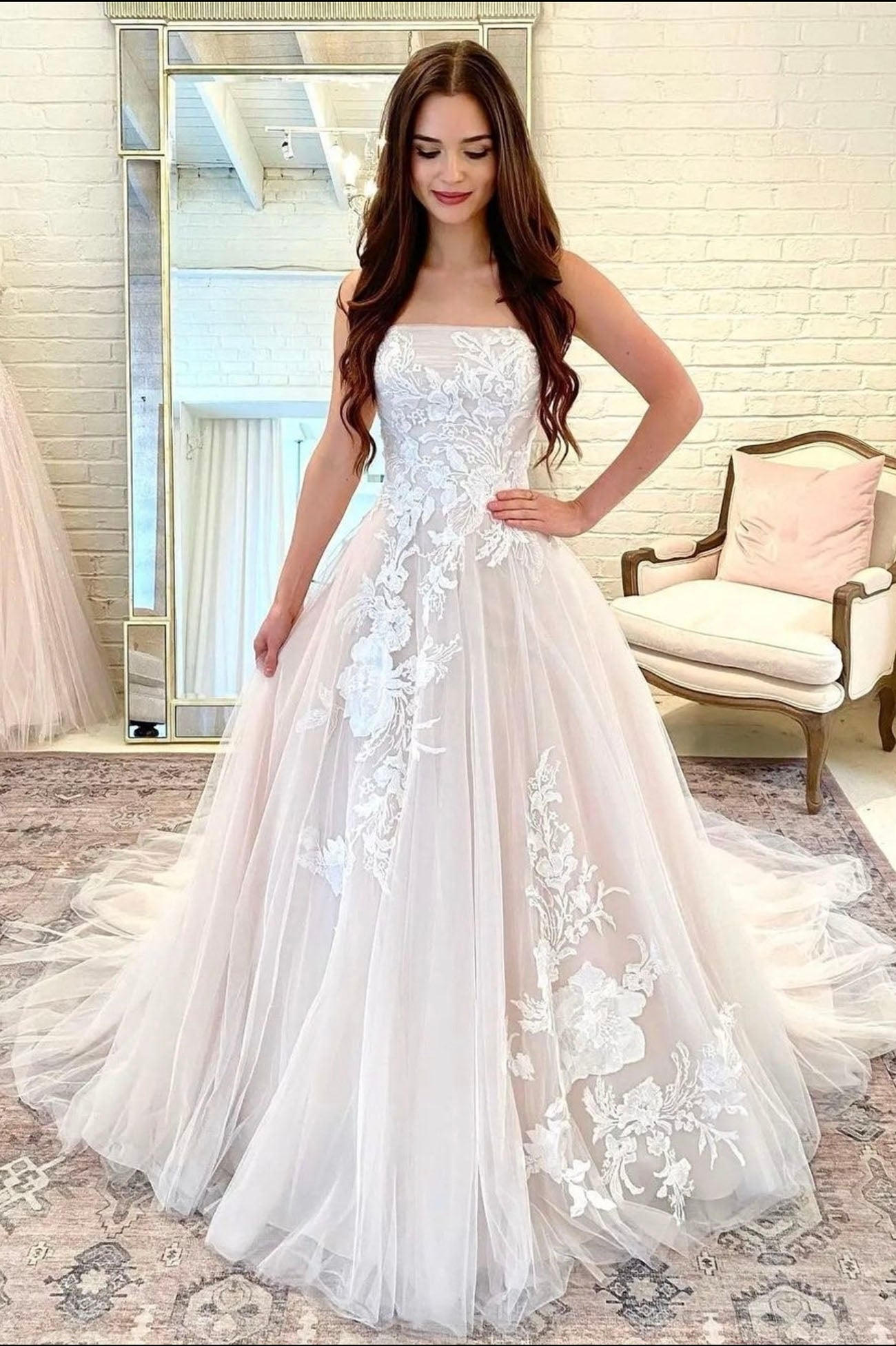 A-Line Strapless Lace Long Ball Gown, Elegant Formal Evening Dress