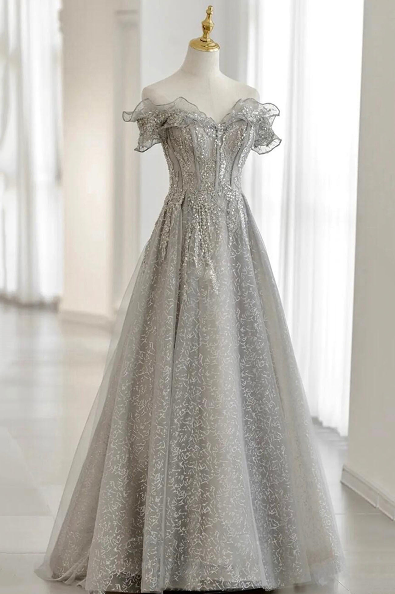Grey Tulle Sequins Long A-Line Prom Dresses, Off the Shoulder Evening Dresses US 16 / Grey Grey Tulle Sequins Long A-Line Prom Dresses, Off the Shoulder Evening Dresses US 16 / Grey