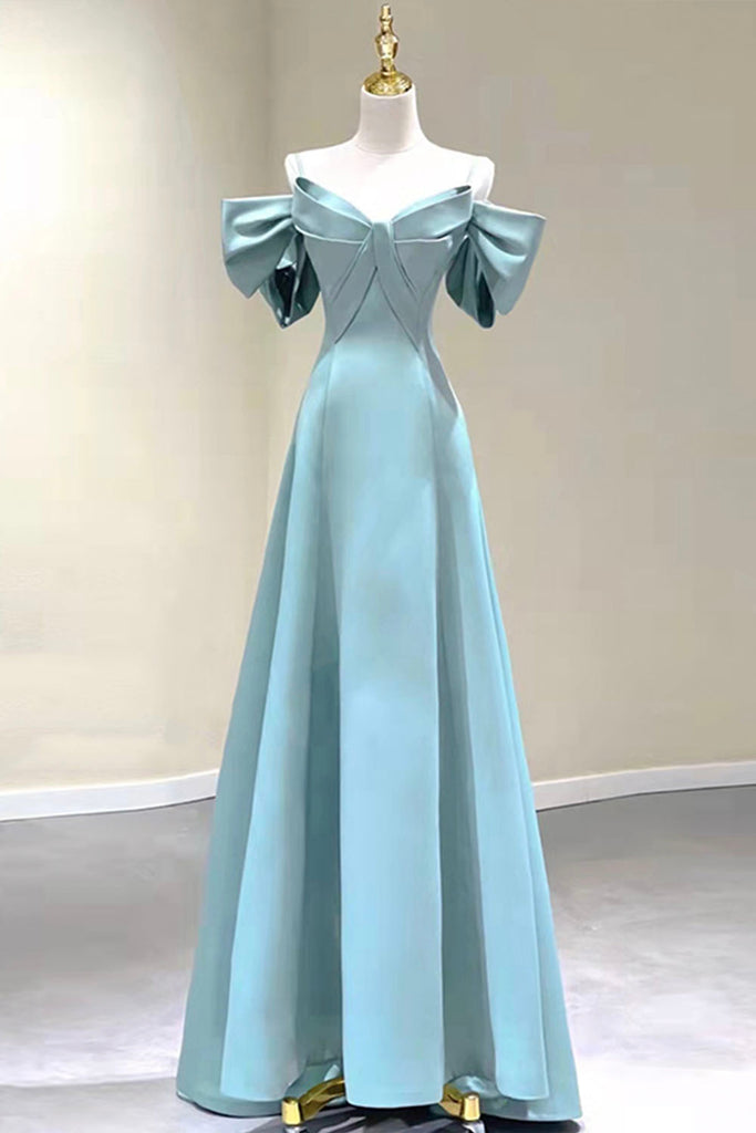 Blue Satin Long A-Line Prom Dress, Off the Shoulder Evening Dress ...