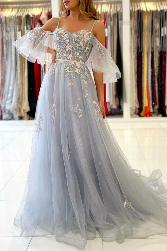 Gray Spaghetti Strap Long Prom Dresses, A-Line Evening Dress – Loveydress