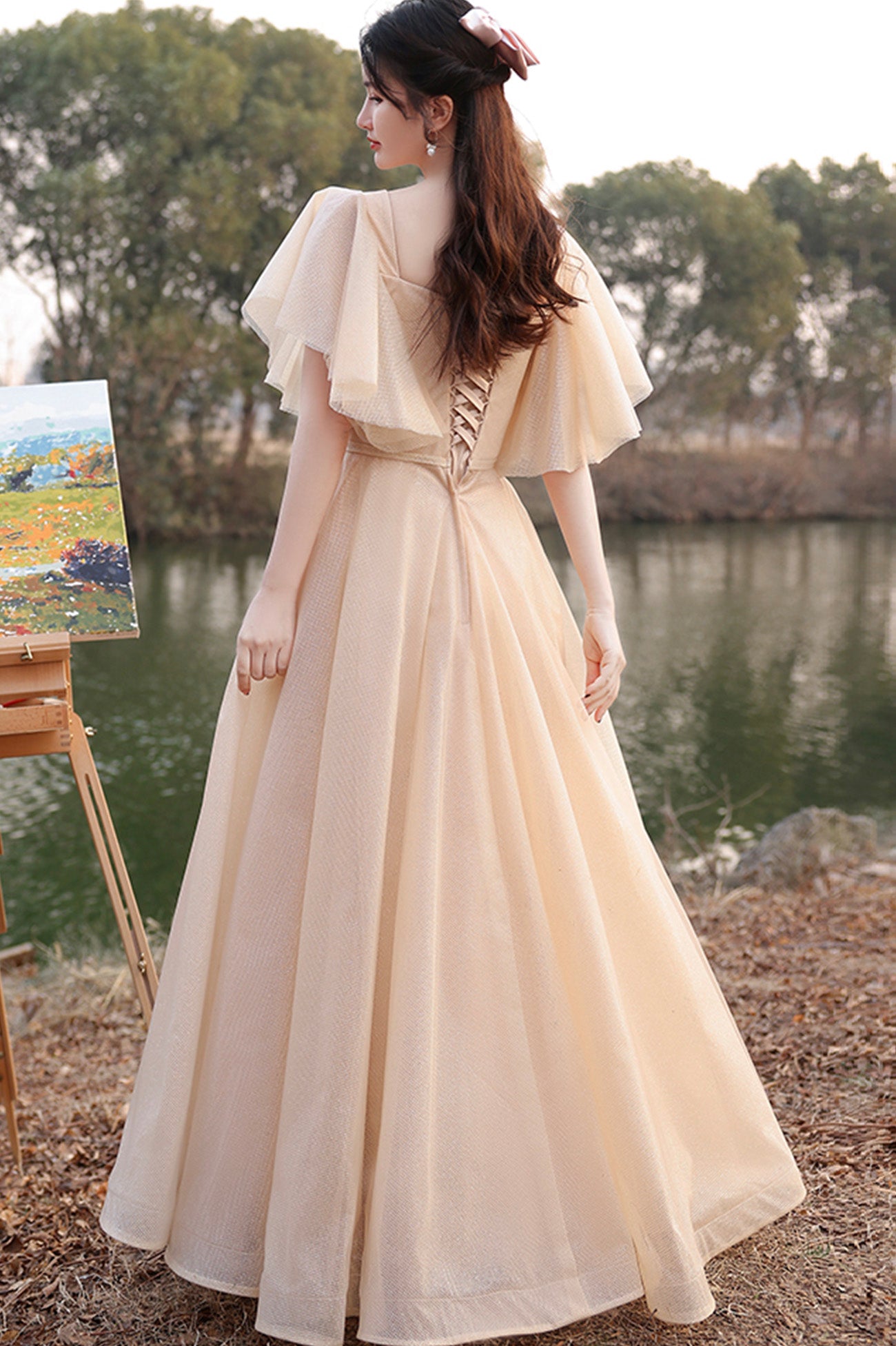 Cute Tulle Long A-Line Prom Dresses, Champagne Lace-Up Party Dresses US 4 / Picture Color / B Cute Tulle Long A-Line Prom Dresses, Champagne Lace-Up Party Dresses US 4 / Picture Color / B