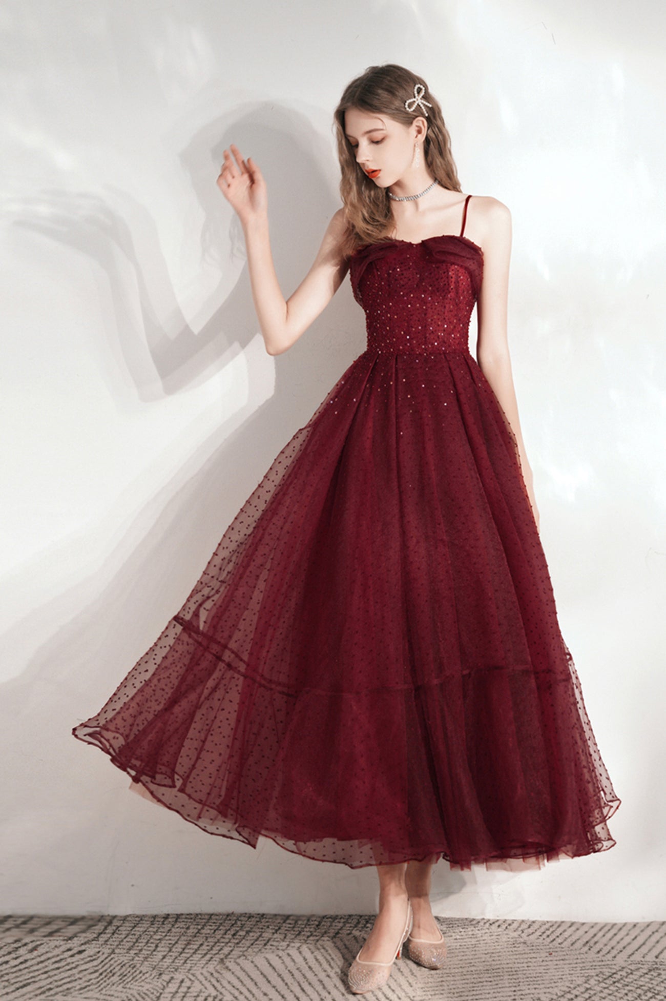 Burgundy Tulle Sequins Tea Length Prom Dress, A-Line Party Dress US 4 / Burgundy Burgundy Tulle Sequins Tea Length Prom Dress, A-Line Party Dress US 4 / Burgundy