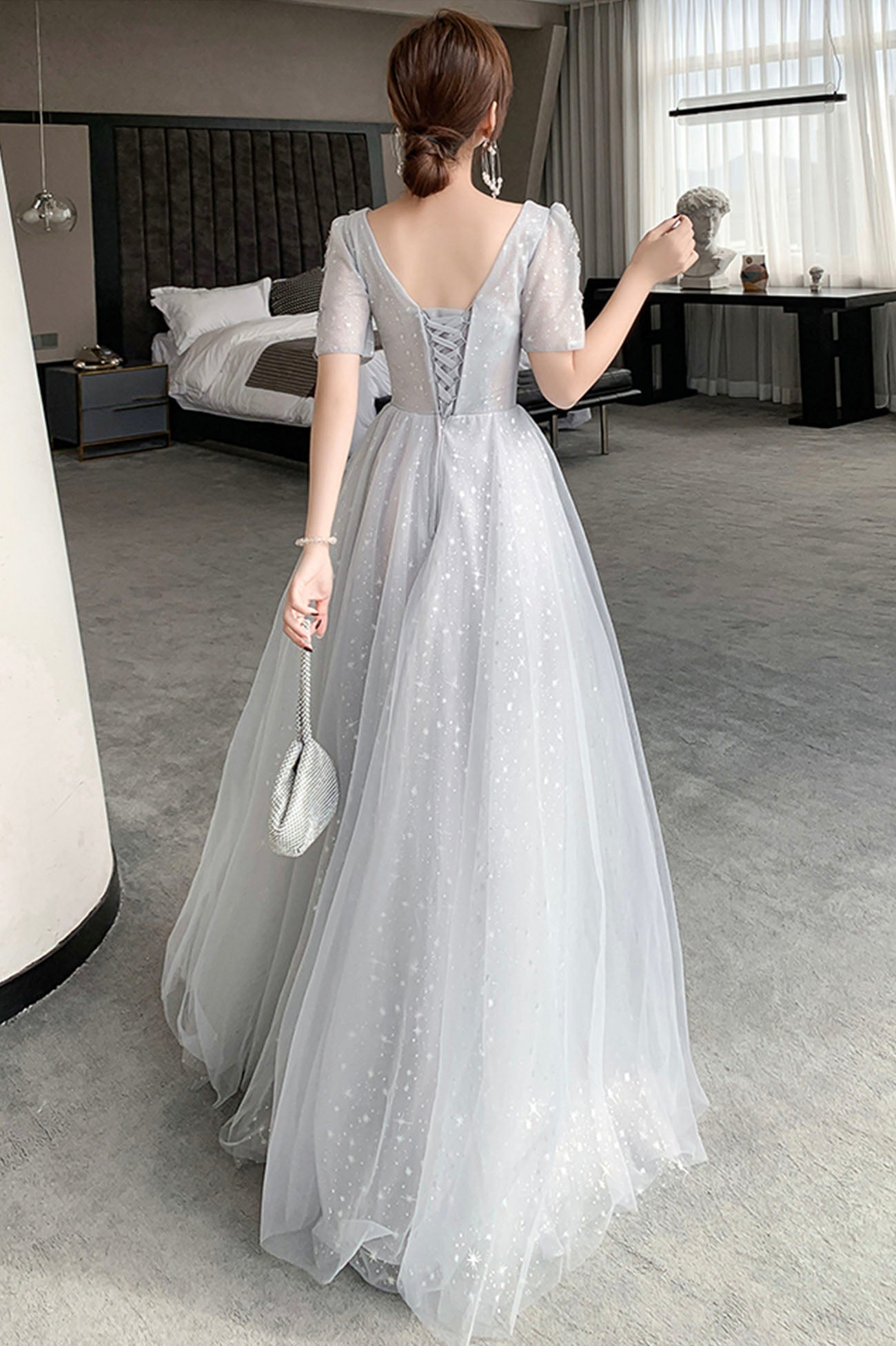 gray lace prom dress Spaghetti Straps Gray Long Prom Dress with Lace Sequins PSK029 Custom Size / Gray