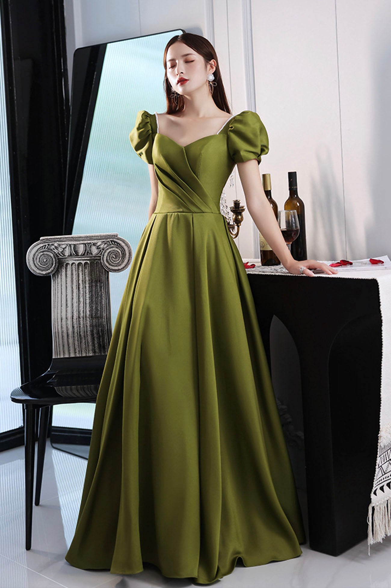 Green Saitn Long Prom Dresses, A-Line Evening Dresses US 6 / Green Green Saitn Long Prom Dresses, A-Line Evening Dresses US 6 / Green
