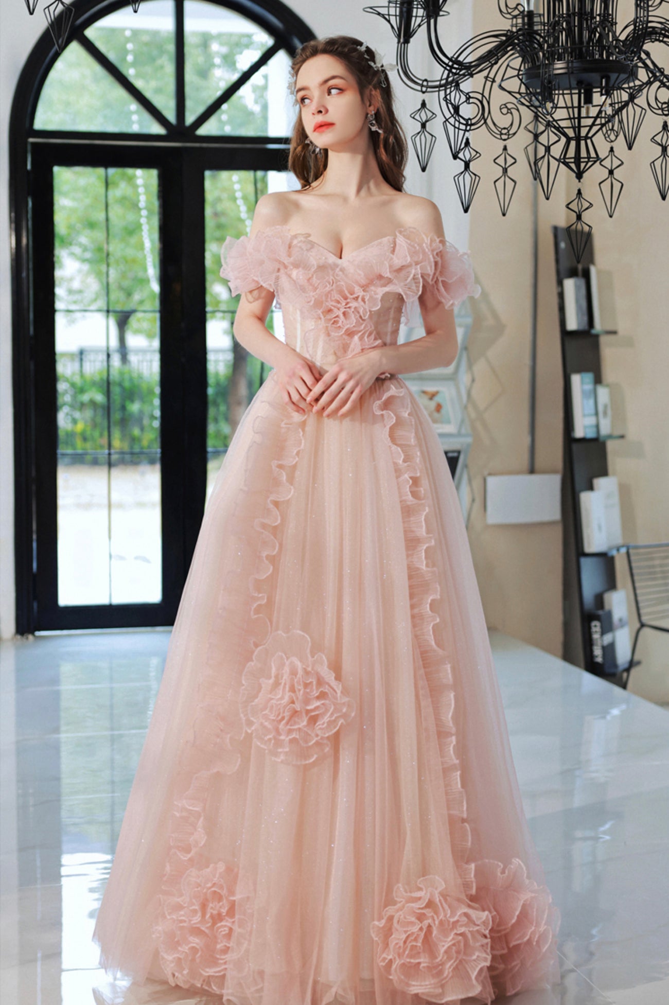 Sweet Pink Tulle Long Prom Dress, A-Line Off The Shoulder Evening Dress US 2 / Pink Sweet Pink Tulle Long Prom Dress, A-Line Off The Shoulder Evening Dress US 2 / Pink