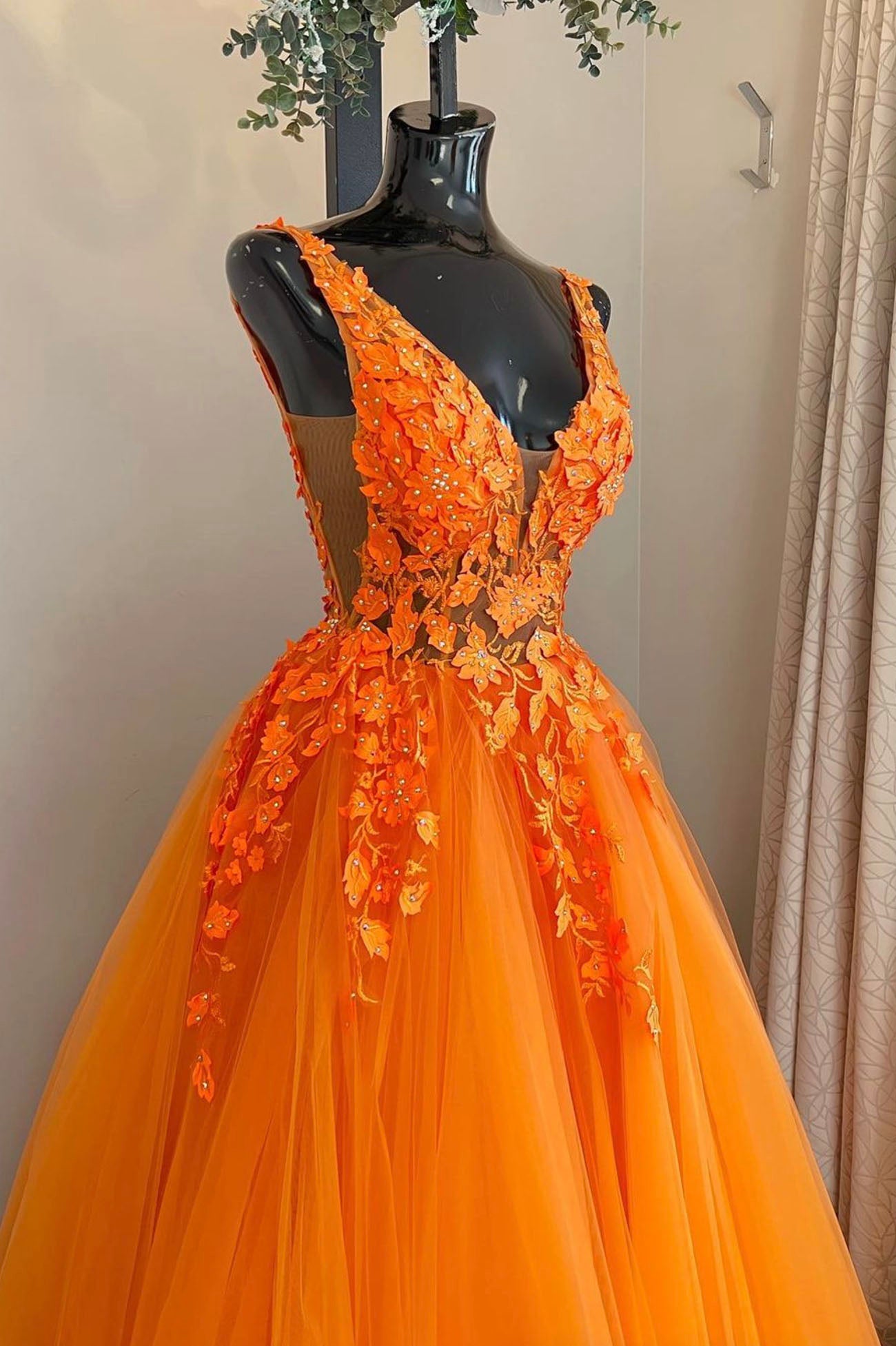 Orange V-Neck Lace Long Prom Dresses, A-Line Evening Party Dresses US 12 / Picture Color Orange V-Neck Lace Long Prom Dresses, A-Line Evening Party Dresses US 12 / Picture Color