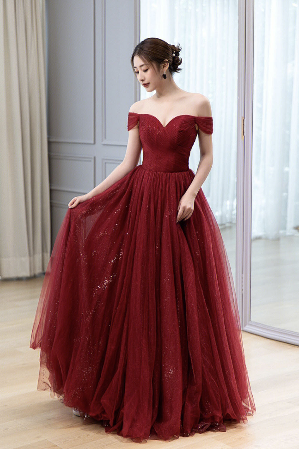 burgundy tulle dress A-Line Long Prom Burgundy Tulle Formal Dress Custom Size / Custom Color and a bustier Cute Burgundy Tulle Short Prom