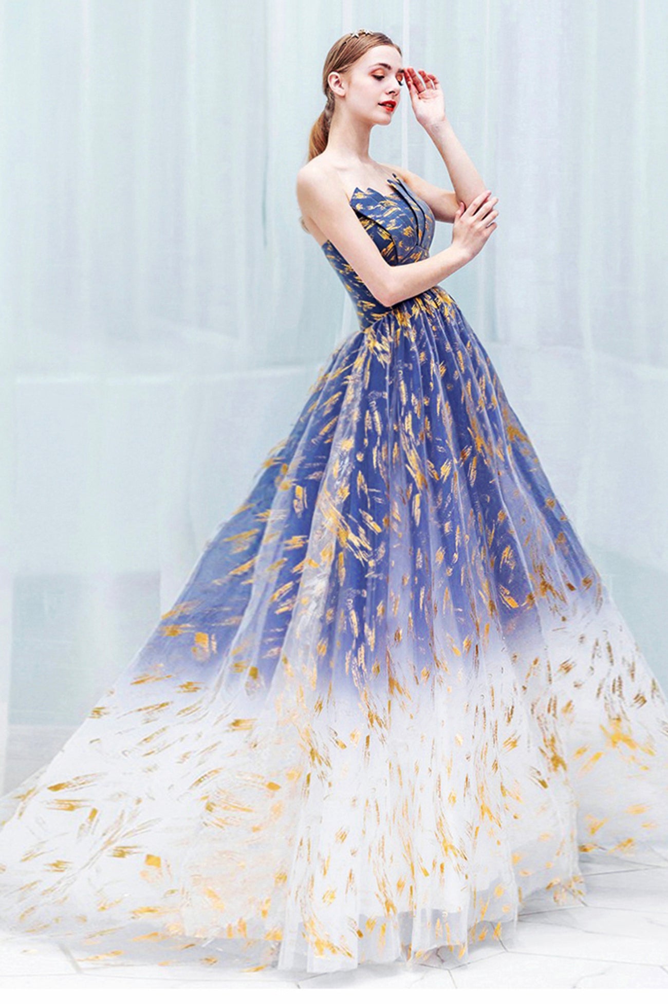 Blue Gradient Tulle Evening Dress, A-Line Strapless Long Prom Dress Loveydress Blue Gradient Tulle Evening Dress, A-Line Strapless Long Prom Dress Loveydress