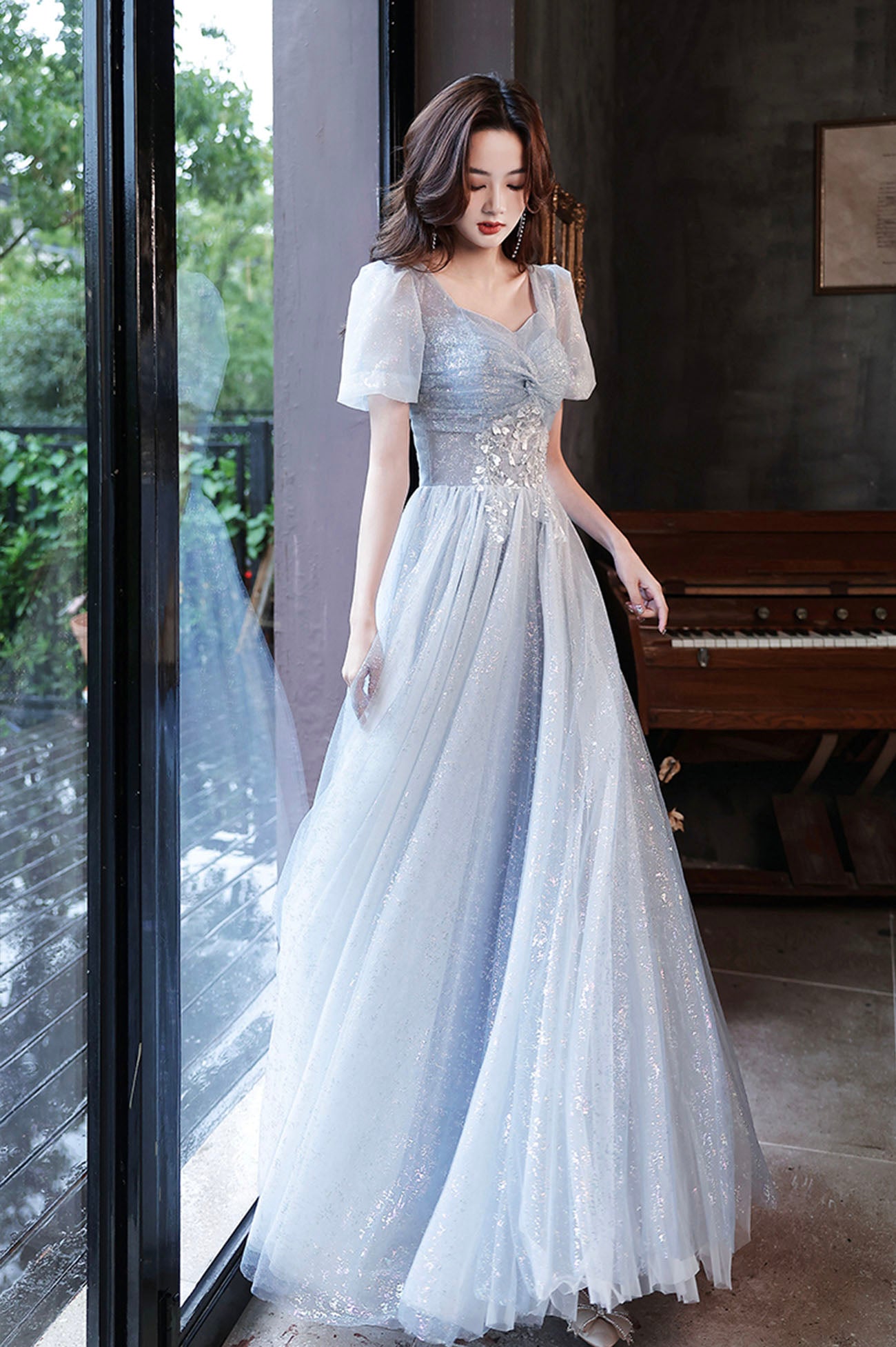 Blue Tulle Long A-Line Formal Dresses, Shiny V-Neck Evening Dresses Custom Size / Blue Blue Tulle Long A-Line Formal Dresses, Shiny V-Neck Evening Dresses Custom Size / Blue