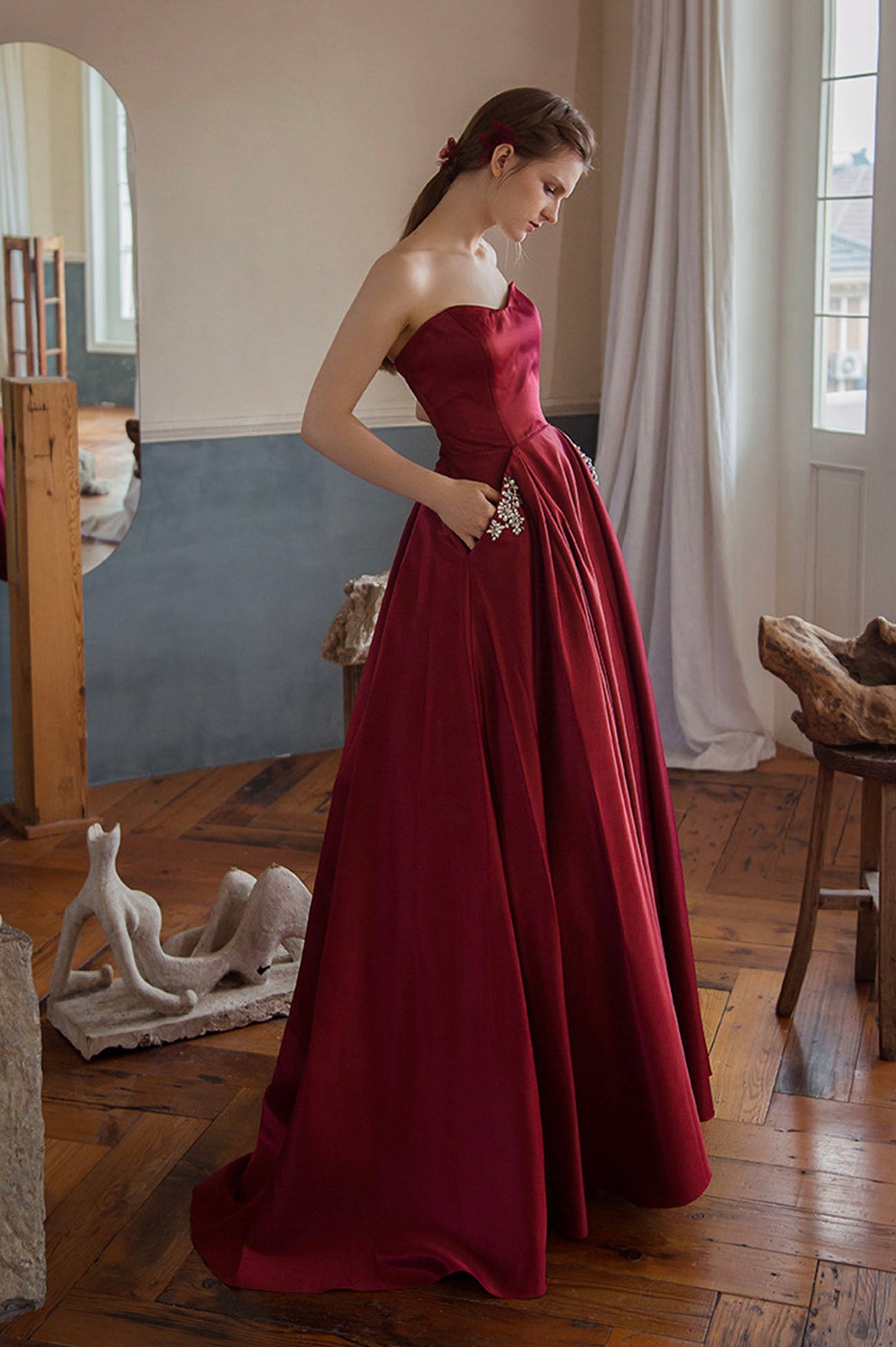 Burgundy Satin Long Strapless Prom Dresses with Pockets US 12 / Custom Color
