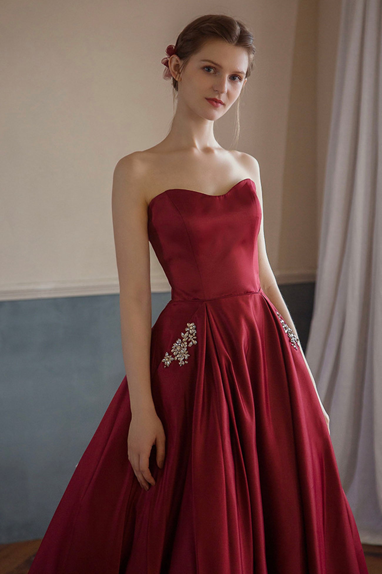Burgundy Satin Long Strapless Prom Dresses with Pockets – Loveydress