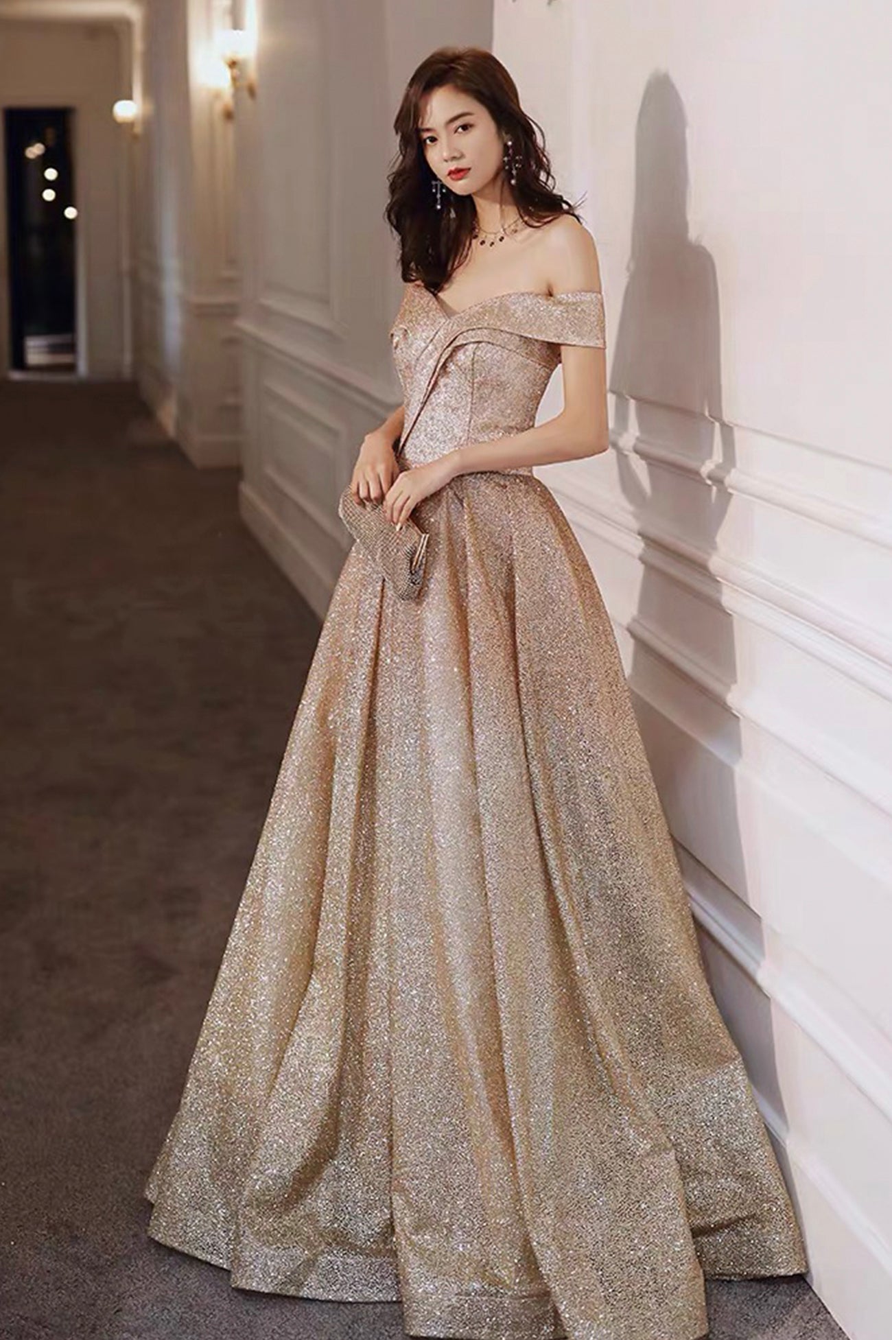 Gold Sequins Long Prom Dress, A-Line Off The Shoulder Evening Dress US 14 / Custom Color Gold Sequins Long Prom Dress, A-Line Off The Shoulder Evening Dress US 14 / Custom Color