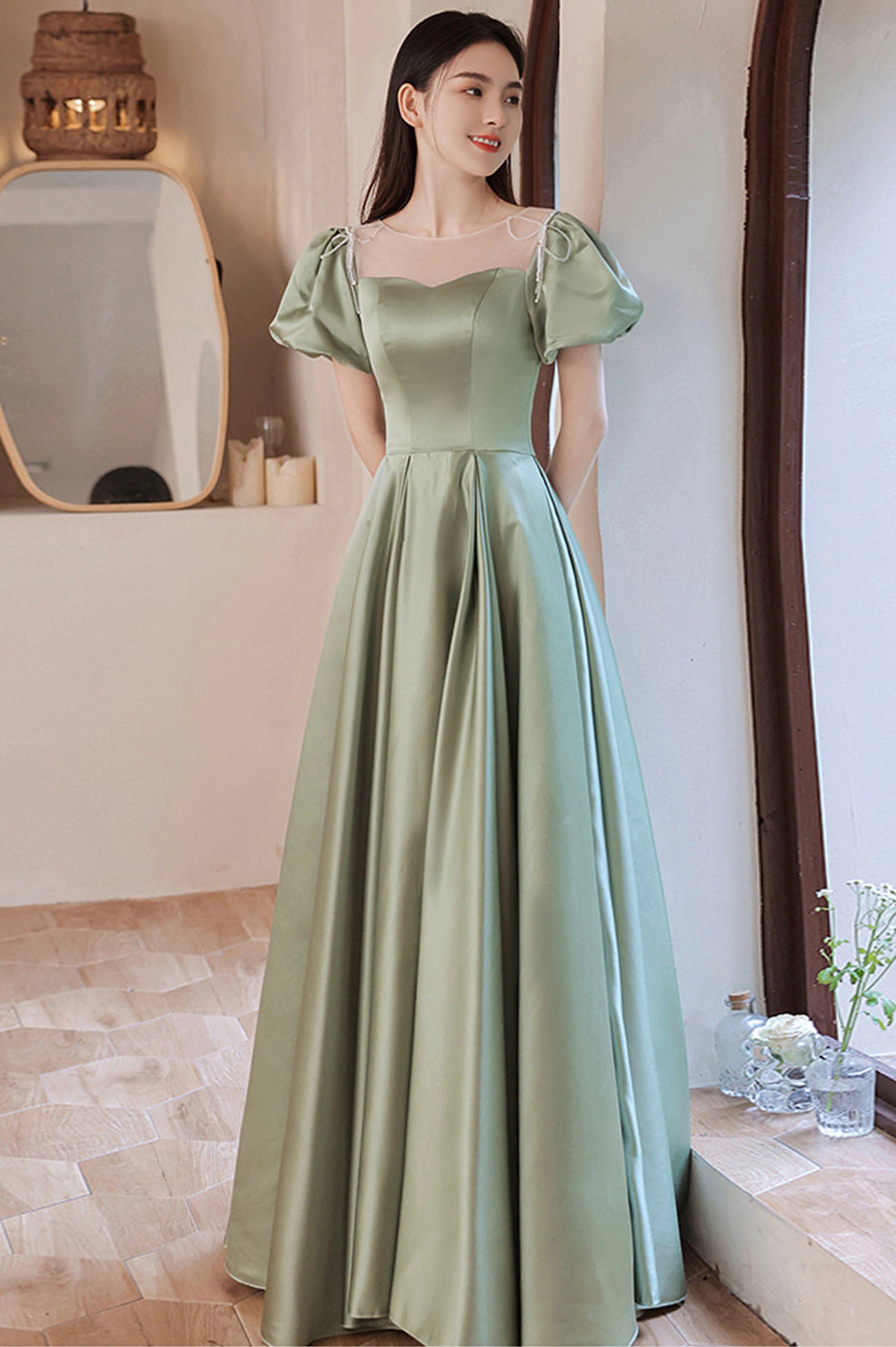 Satin Pale Green Formal Dress Light Green Satin Long A-Line Prom Dress, Cute Short Sleeve Satin Pale Green Formal Dress Light Green Satin Long A-Line Prom Dress, Cute Short Sleeve