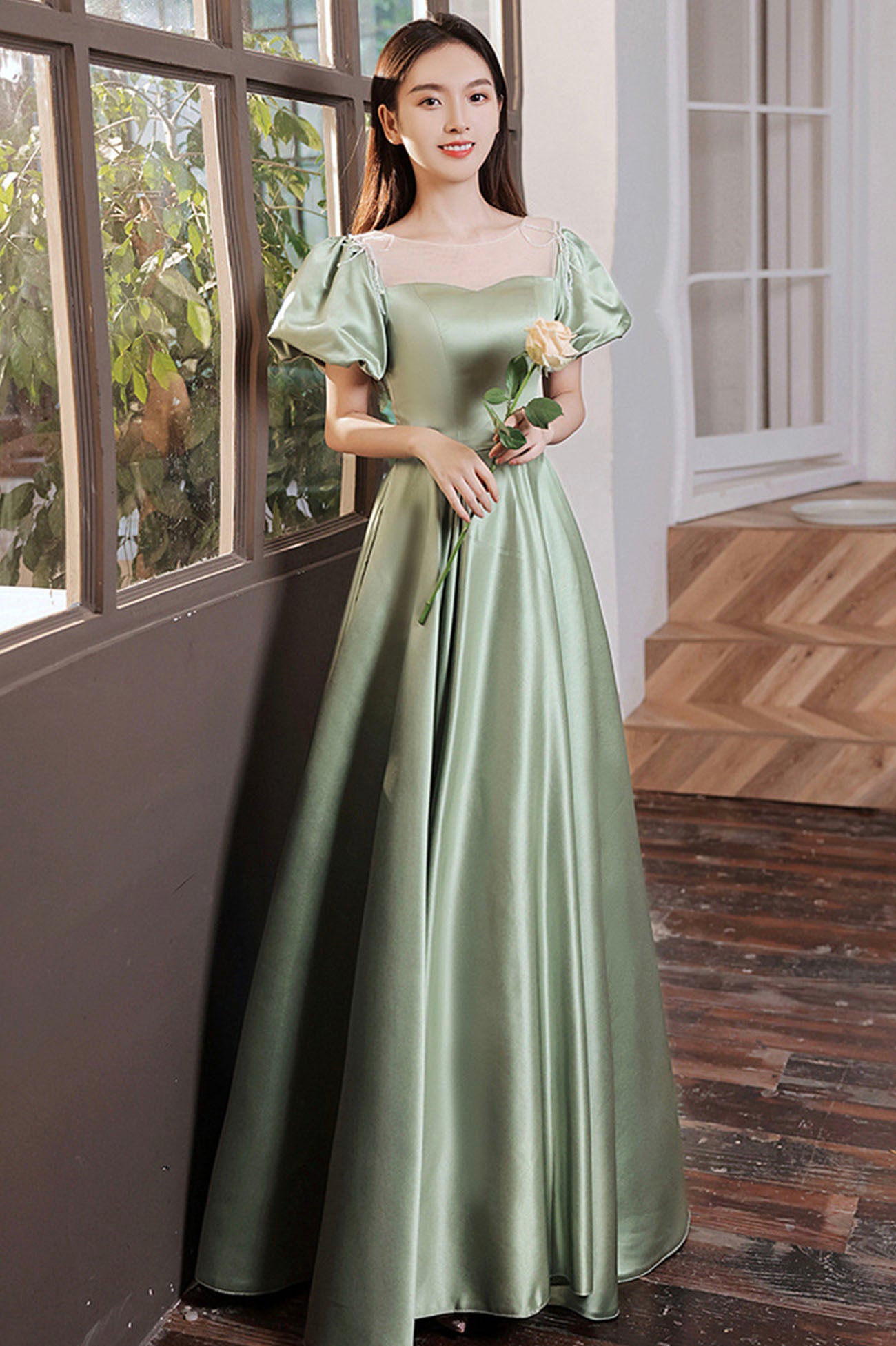 long green formal dress Green Satin Long Prom Dresses, A-Line Formal Evening Dresses US 2 / Green