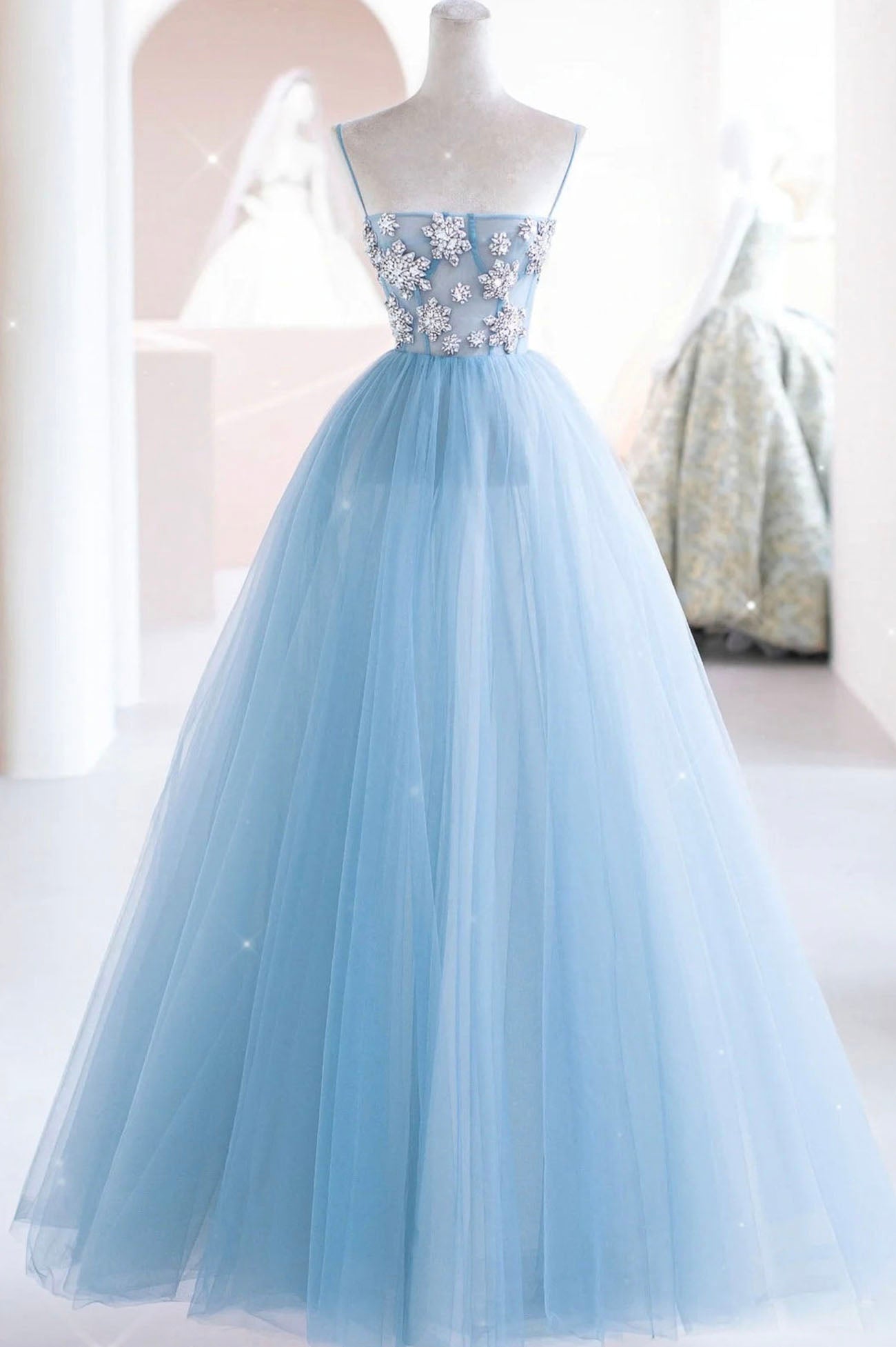 Blue Spaghetti Strap Tulle Beading Long A-Line Prom Dresses Loveydress Blue Spaghetti Strap Tulle Beading Long A-Line Prom Dresses Loveydress