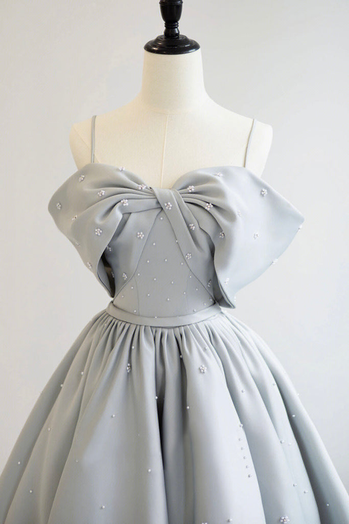 Gray Satin Long A-Line Prom Dress, Off the Shoulder Evening Dress with ...