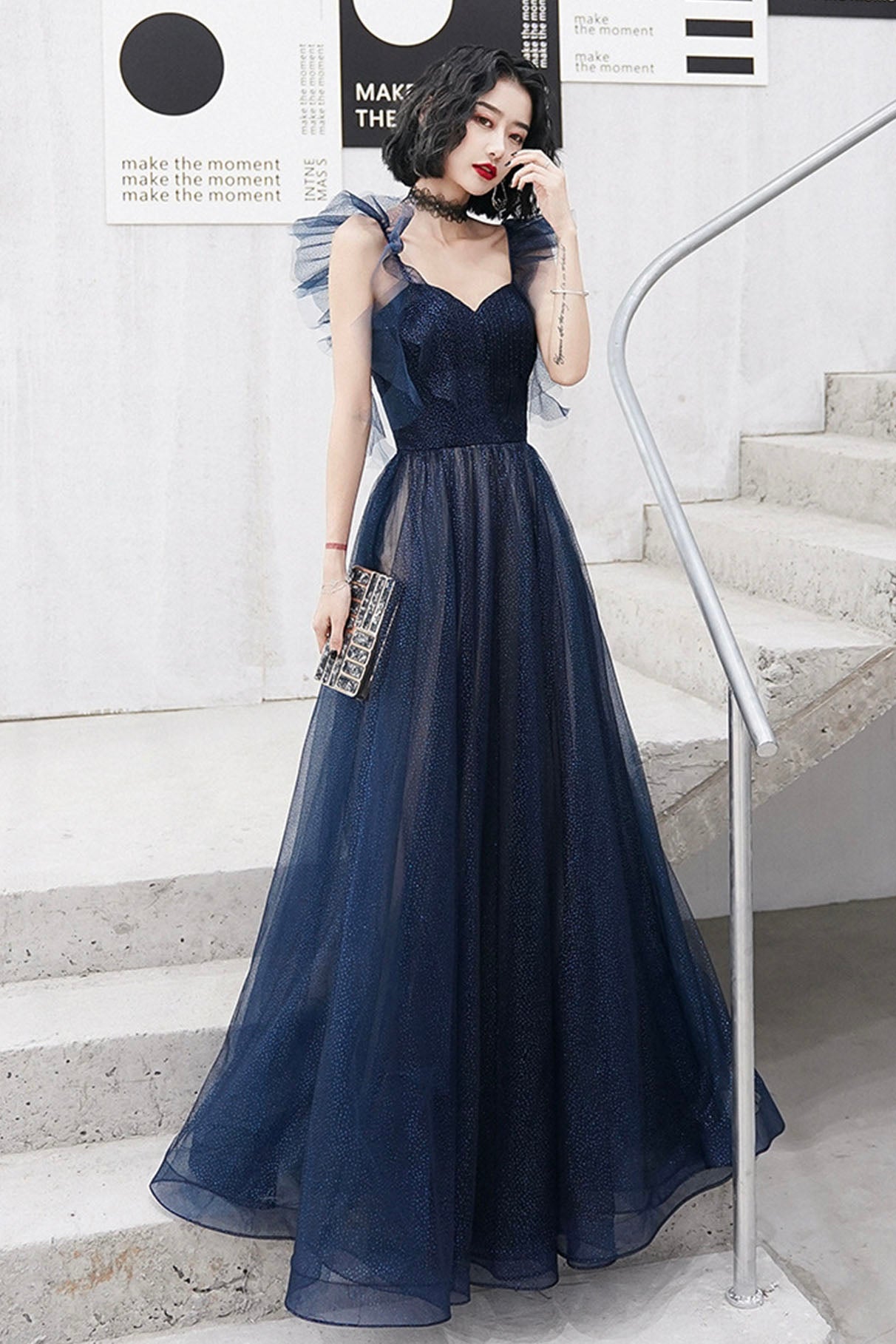 Blue Tulle Long Floor Length Prom Dress, A-Line Evening Dress – Loveydress