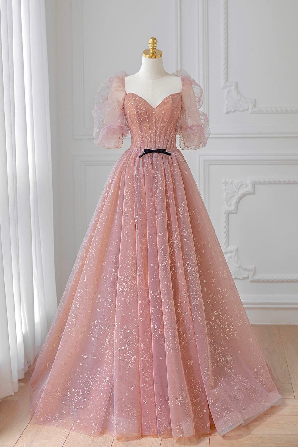 Pink Tulle Floor Length Prom Dress, Lovely Short Sleeve Graduation Party Dress US 4 / Picture Color Pink Tulle Floor Length Prom Dress, Lovely Short Sleeve Graduation Party Dress US 4 / Picture Color