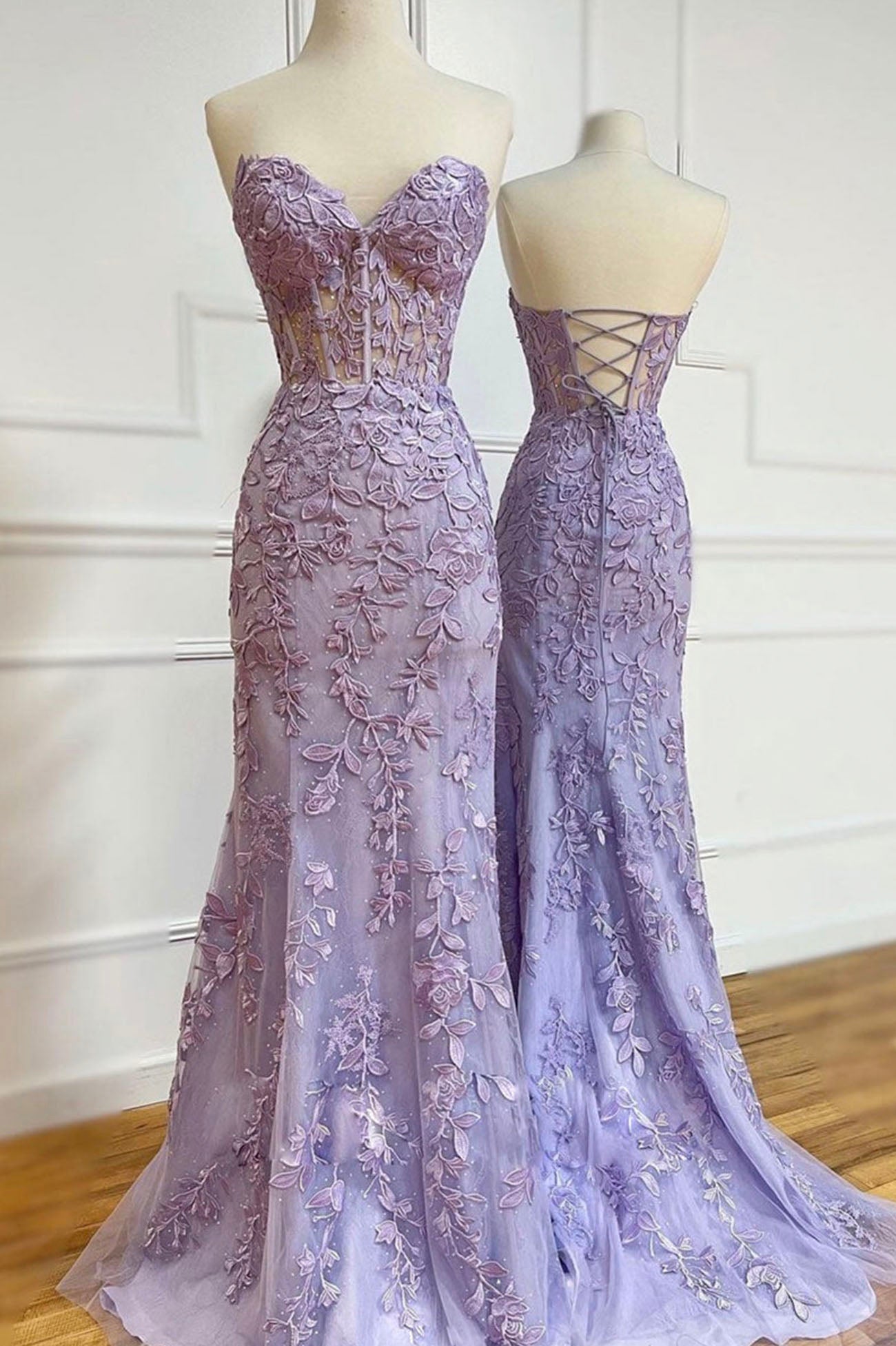 Purple Lace Long Prom Dresses, Mermaid Strapless Evening Dresses – Loveydress