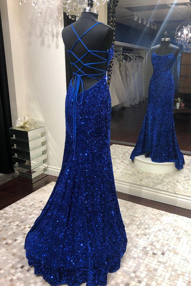 Mermaid Sequins Long Prom Dresses, Blue Backless Evening Dresses ...