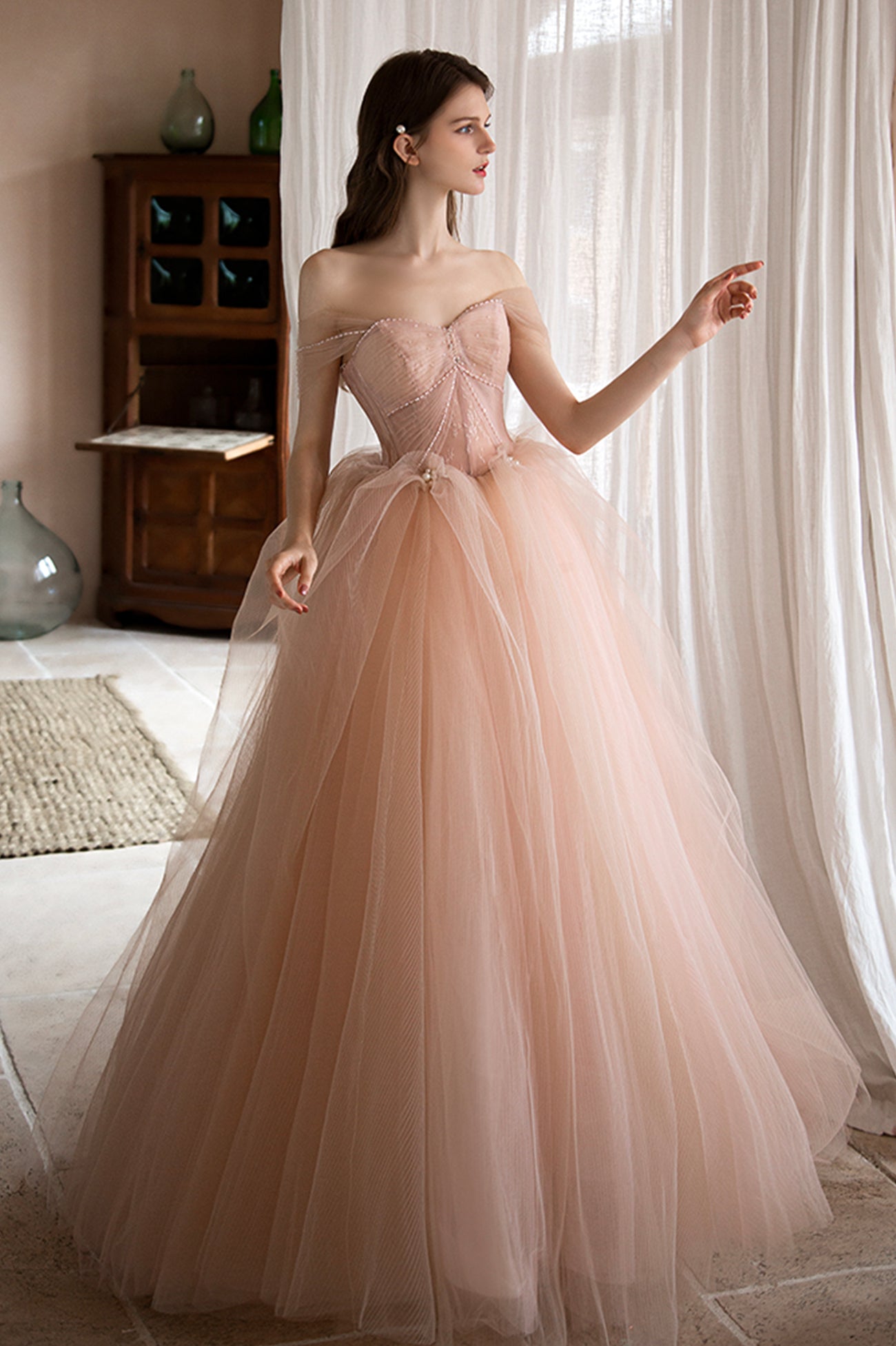 Pink Lovely Tulle Lace Long Prom Dress, Off the Shoulder Evening Dress Custom Size / Pink Pink Lovely Tulle Lace Long Prom Dress, Off the Shoulder Evening Dress Custom Size / Pink