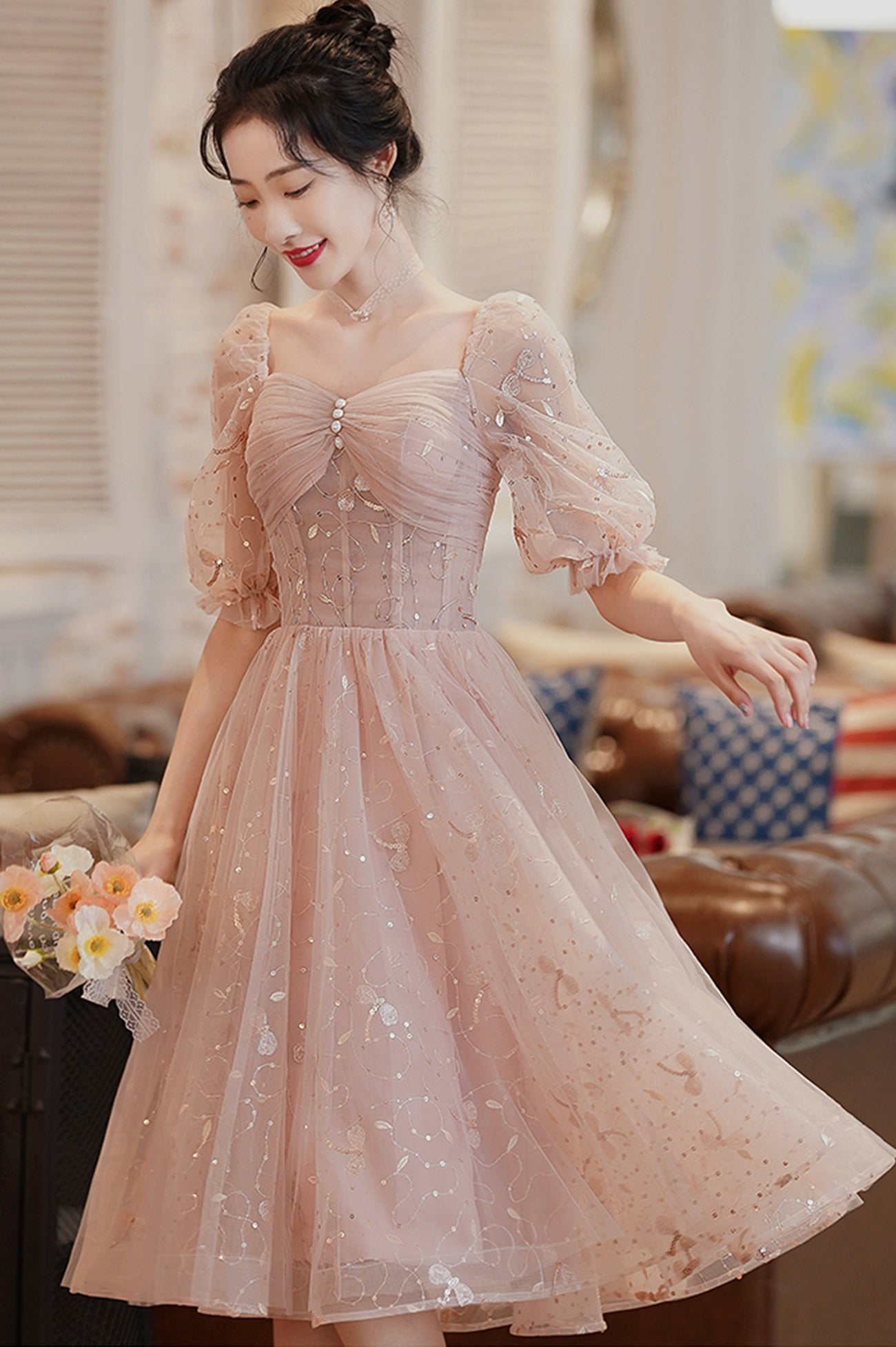 Cute Tulle A-Line Homecoming Dress, 1/2 Sleeves Short Prom Dress US 12 / Picture Color Cute Tulle A-Line Homecoming Dress, 1/2 Sleeves Short Prom Dress US 12 / Picture Color