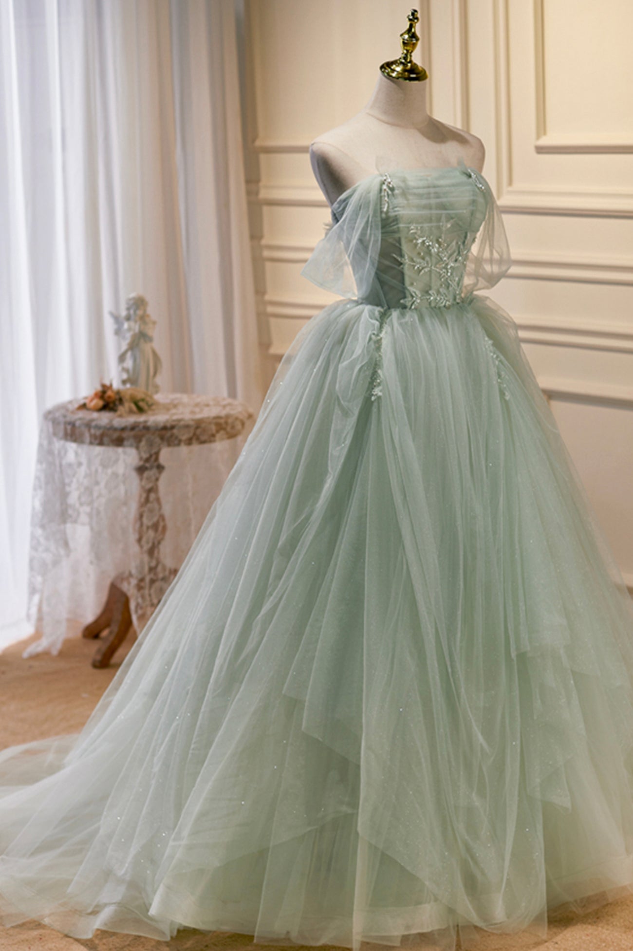 Green Tulle Beaded Ball Gown Off Shoulder Party Dress, Green Sweet 16 Dress US 16 / Custom Color Green Tulle Beaded Ball Gown Off Shoulder Party Dress, Green Sweet 16 Dress US 16 / Custom Color