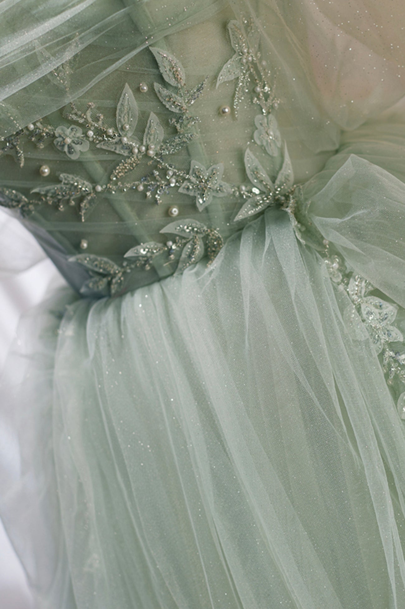 Green Tulle Beaded Ball Gown Off Shoulder Party Dress, Green Sweet 16 β Loveydress
