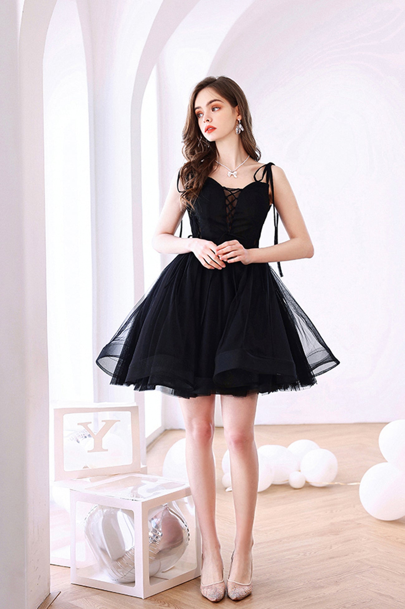 Black Tulle Short A-Line Prom Dress, Black Evening Party Dress – Loveydress