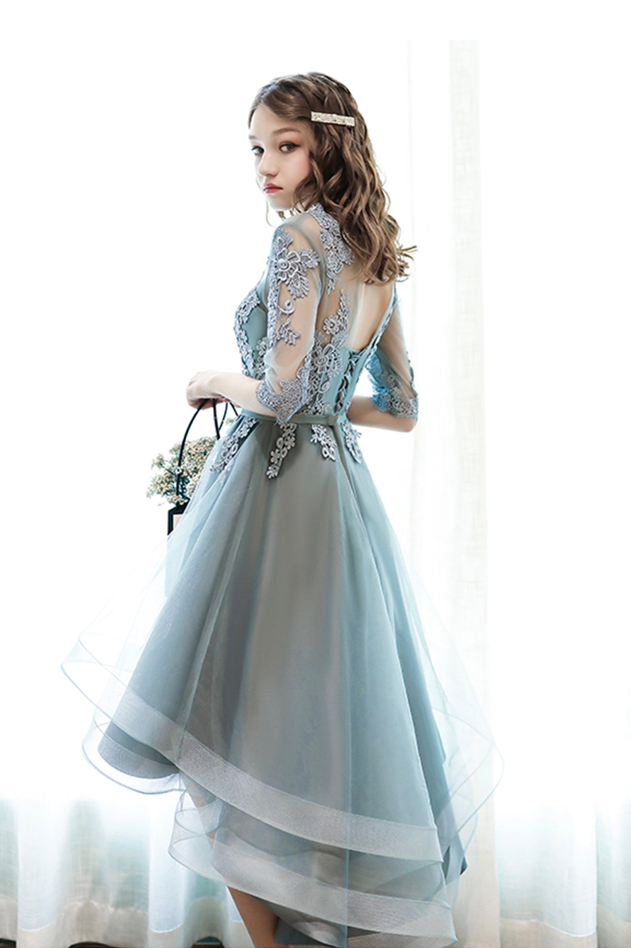 Cute Lace High Low Prom Dresses, A-Line Party Homecoming Dresses US 16 / Picture Color / V-Neck Cute Lace High Low Prom Dresses, A-Line Party Homecoming Dresses US 16 / Picture Color / V-Neck