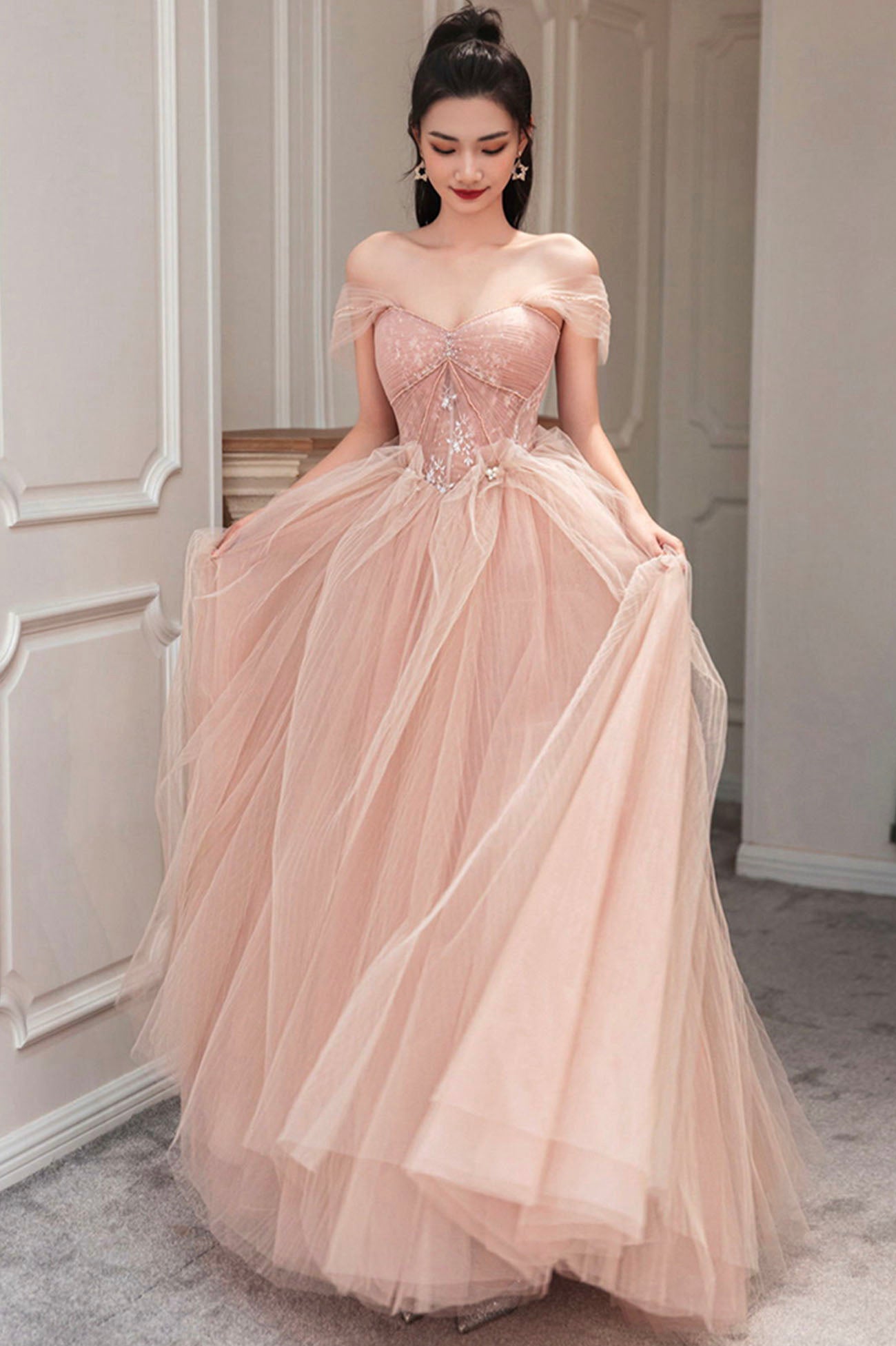 Beautiful Pink Off the Shoulder Lace Party Dresses, Pink Junior Prom Dresses US 2 / Custom Color Beautiful Pink Off the Shoulder Lace Party Dresses, Pink Junior Prom Dresses US 2 / Custom Color