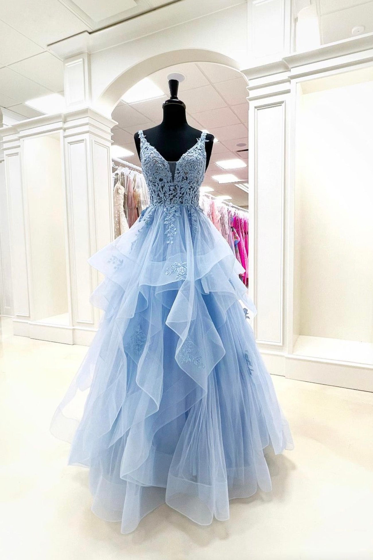 Blue V-Neck Lace Long Prom Dresses, A-Line Formal Evening Dresses US 4 / Custom Color Blue V-Neck Lace Long Prom Dresses, A-Line Formal Evening Dresses US 4 / Custom Color