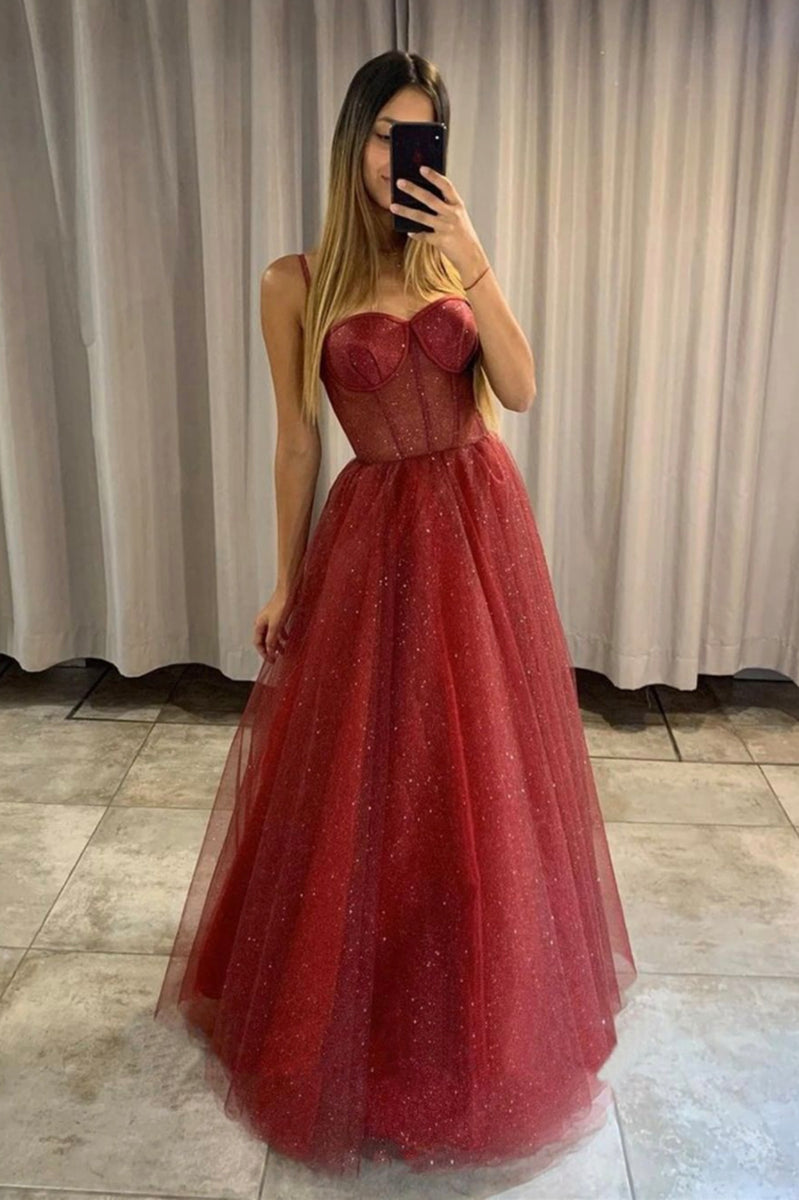 Burgundy Tulle Long Prom Dresses, A-Line Evening Dresses with Corset ...