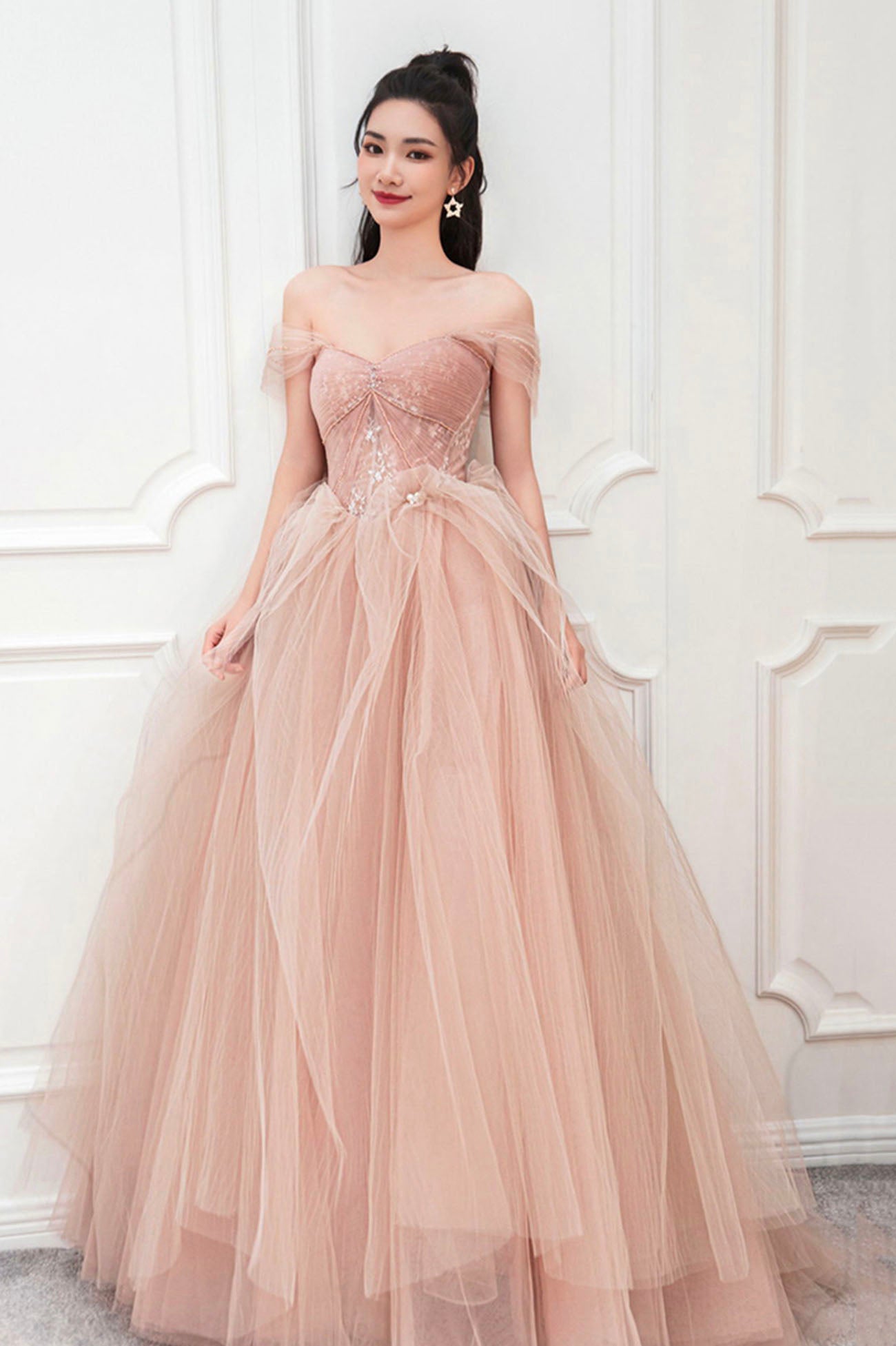 Beautiful Pink Off the Shoulder Lace Party Dresses, Pink Junior Prom Dresses US 2 / Custom Color Beautiful Pink Off the Shoulder Lace Party Dresses, Pink Junior Prom Dresses US 2 / Custom Color